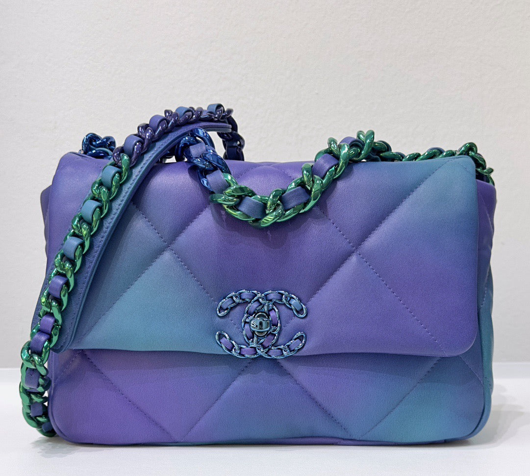 Chanel Medium Quilted 19 Flap Calfskin Tie Dye Blue Purple