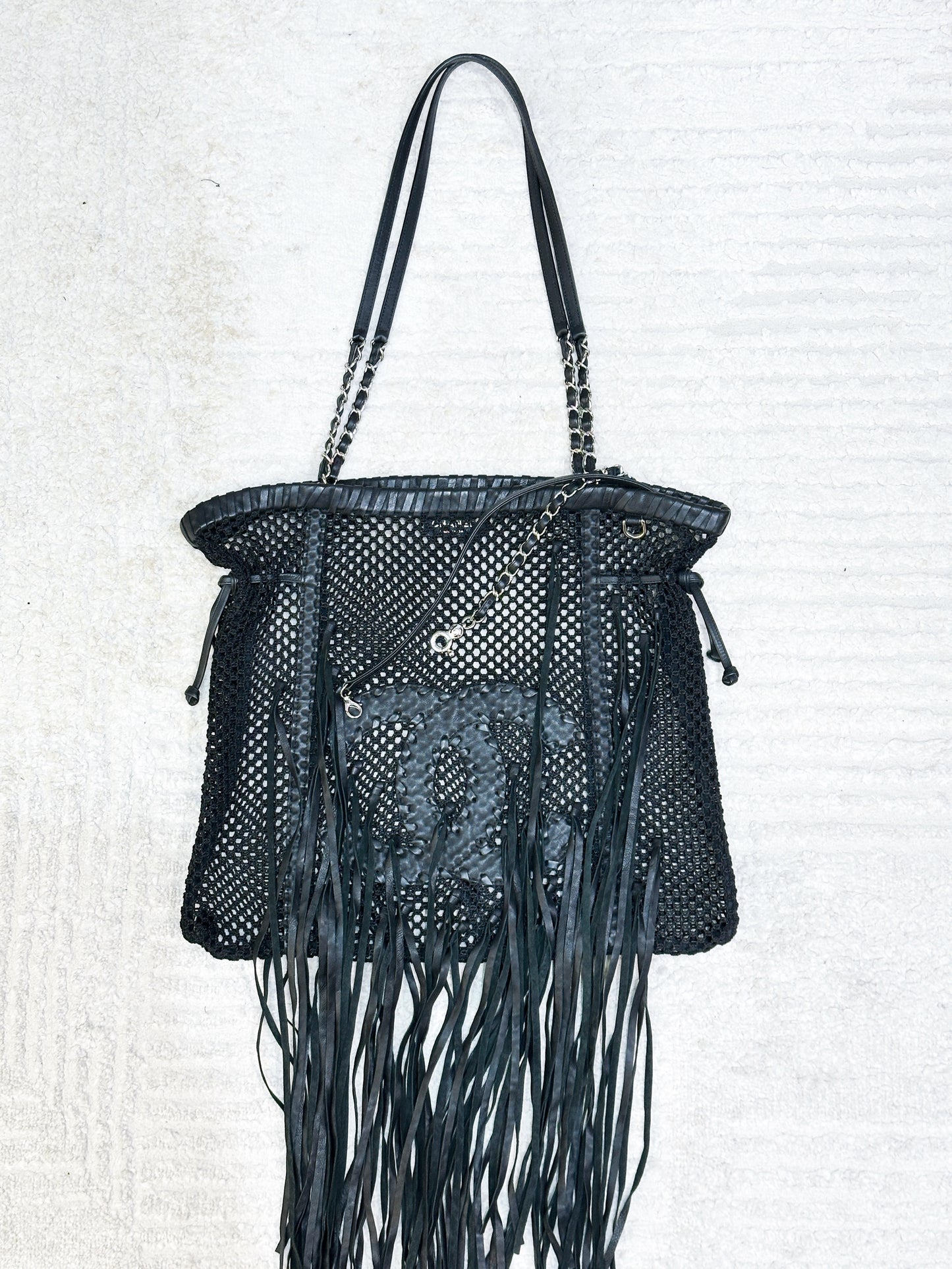 Chanel Limited Edition Resort 2011 Black Fringe Mesh Tote Bag 1373 holo card