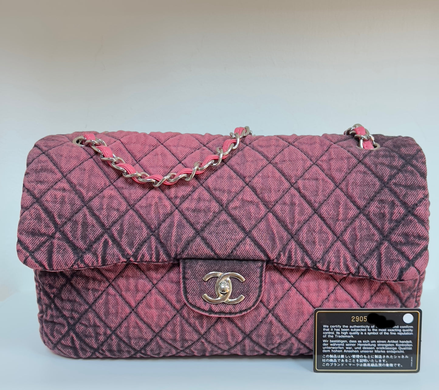 Chanel Denim Quilted Denimpression Flap Red Black 2905 holo card