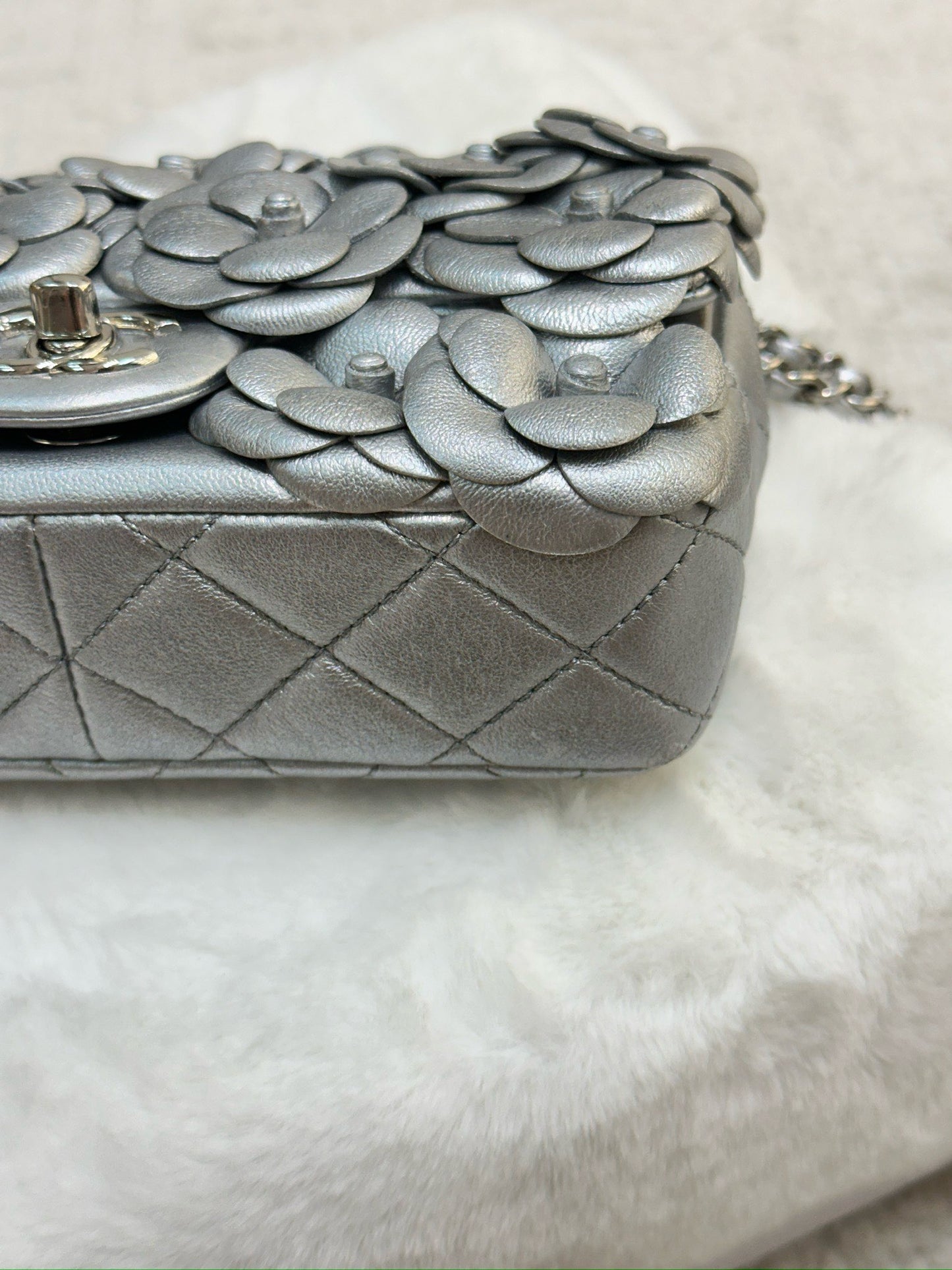 Chanel Mini Camellia Lambskin Shiny Silver SHW