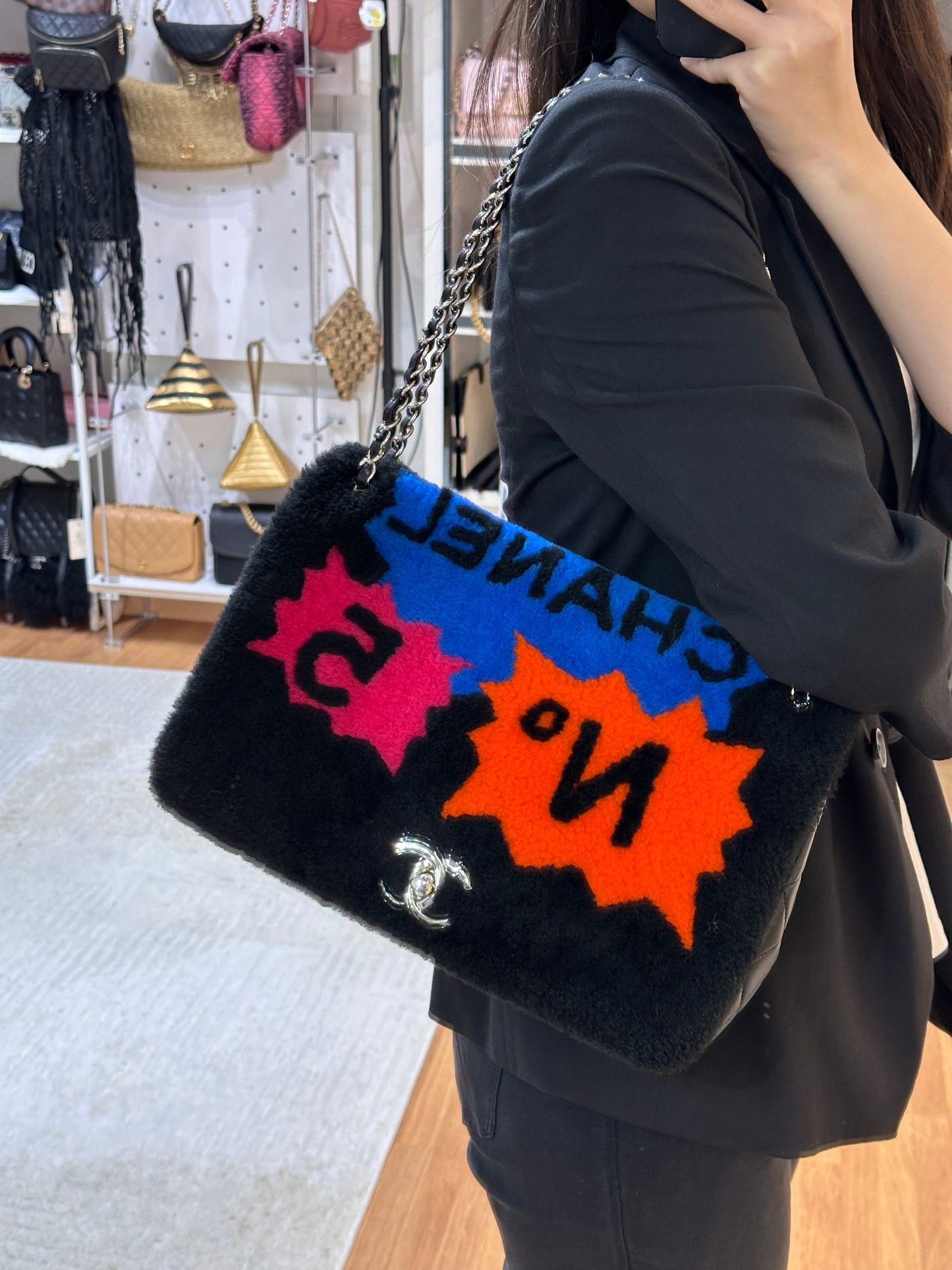 Chanel Jumbo Classic Flap  Maxi Pop Art No. 5 Caption Comic Lambskin Black Multicolor Bag 2030 holo