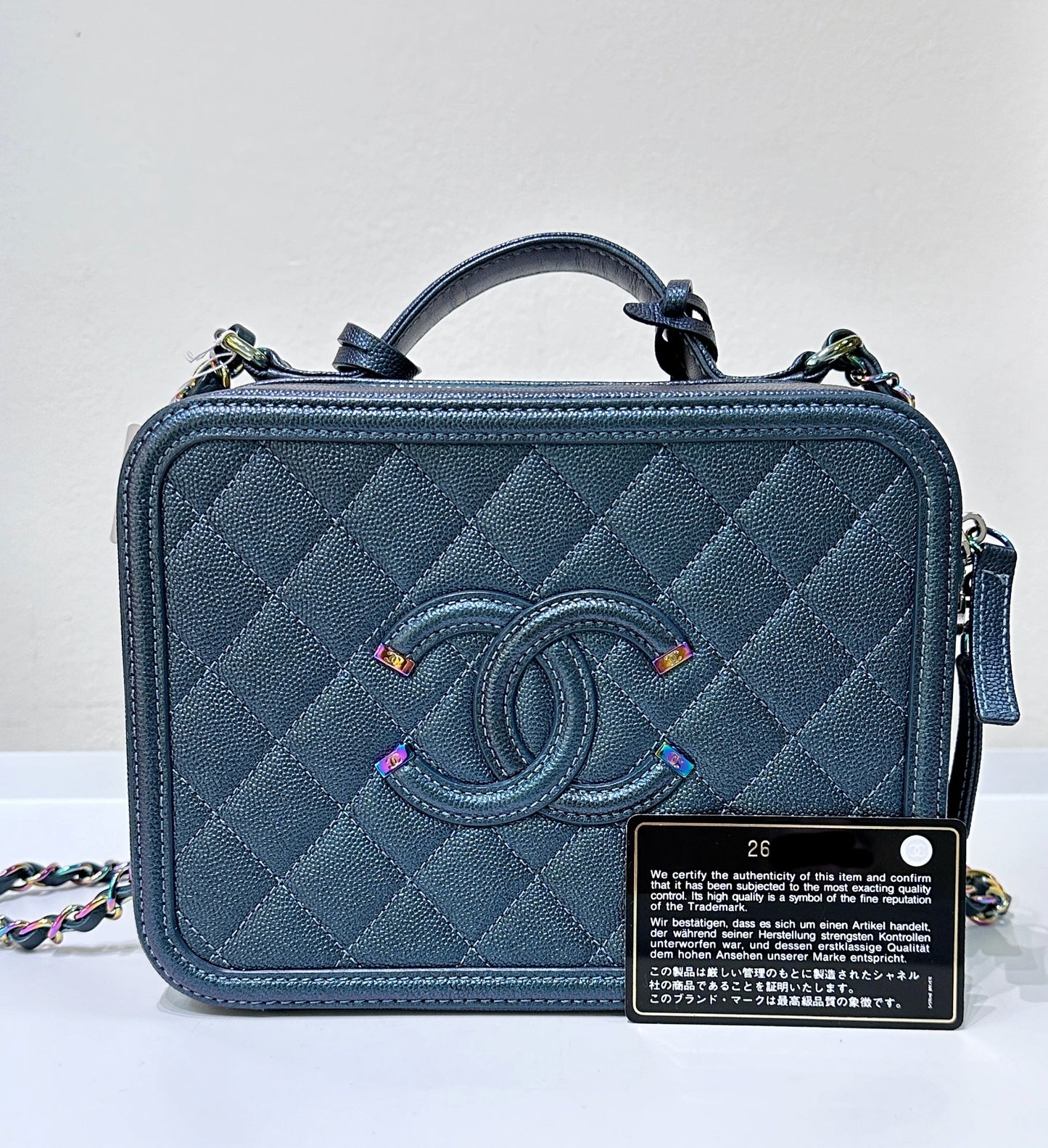 CHANEL Iridescent Caviar Quilted Medium CC Filigree Vanity Case Dark Turquoise