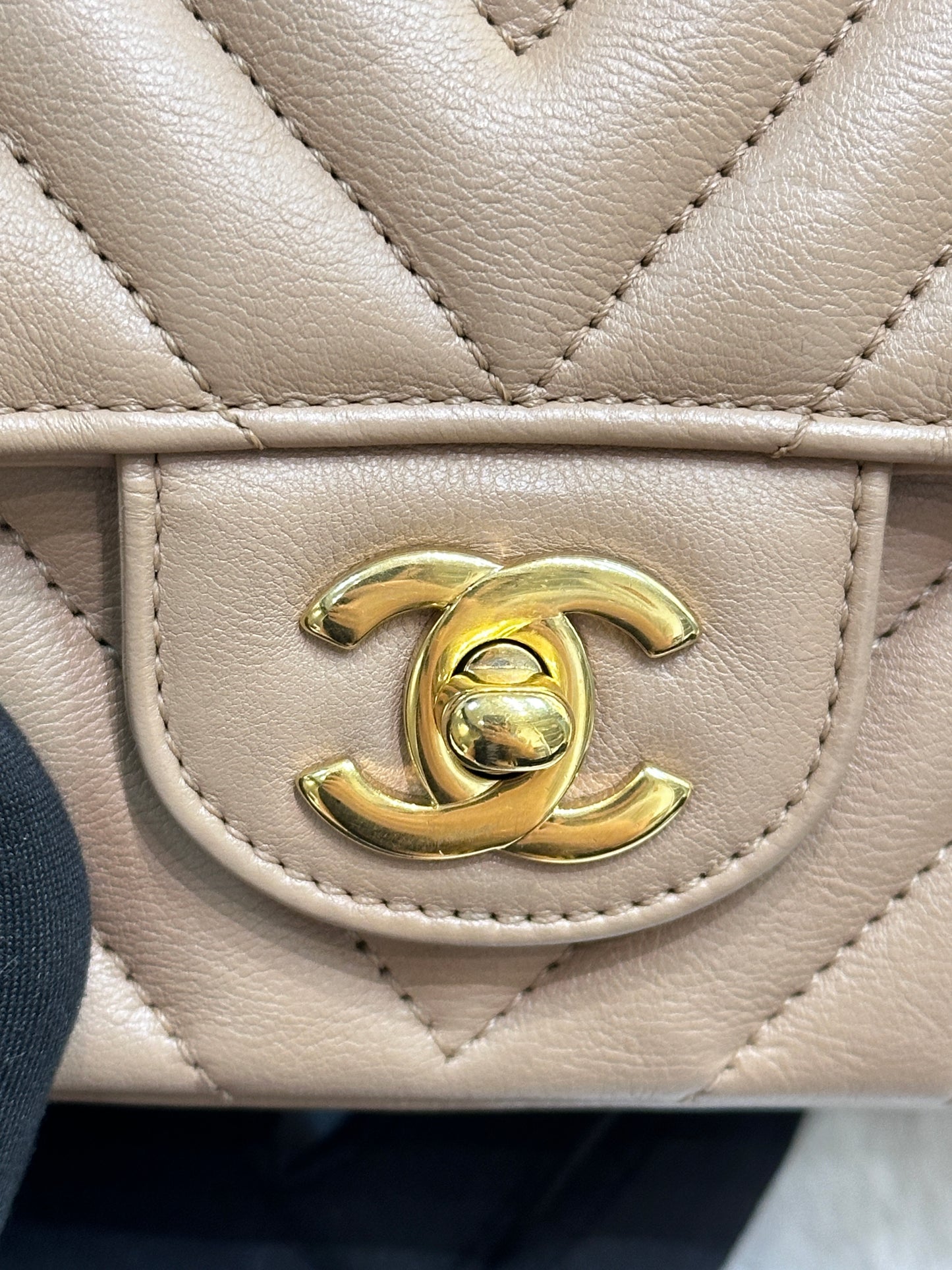 Chanel Mini Rectangular Calfskin Chevron Quilted Flap Dark Beige