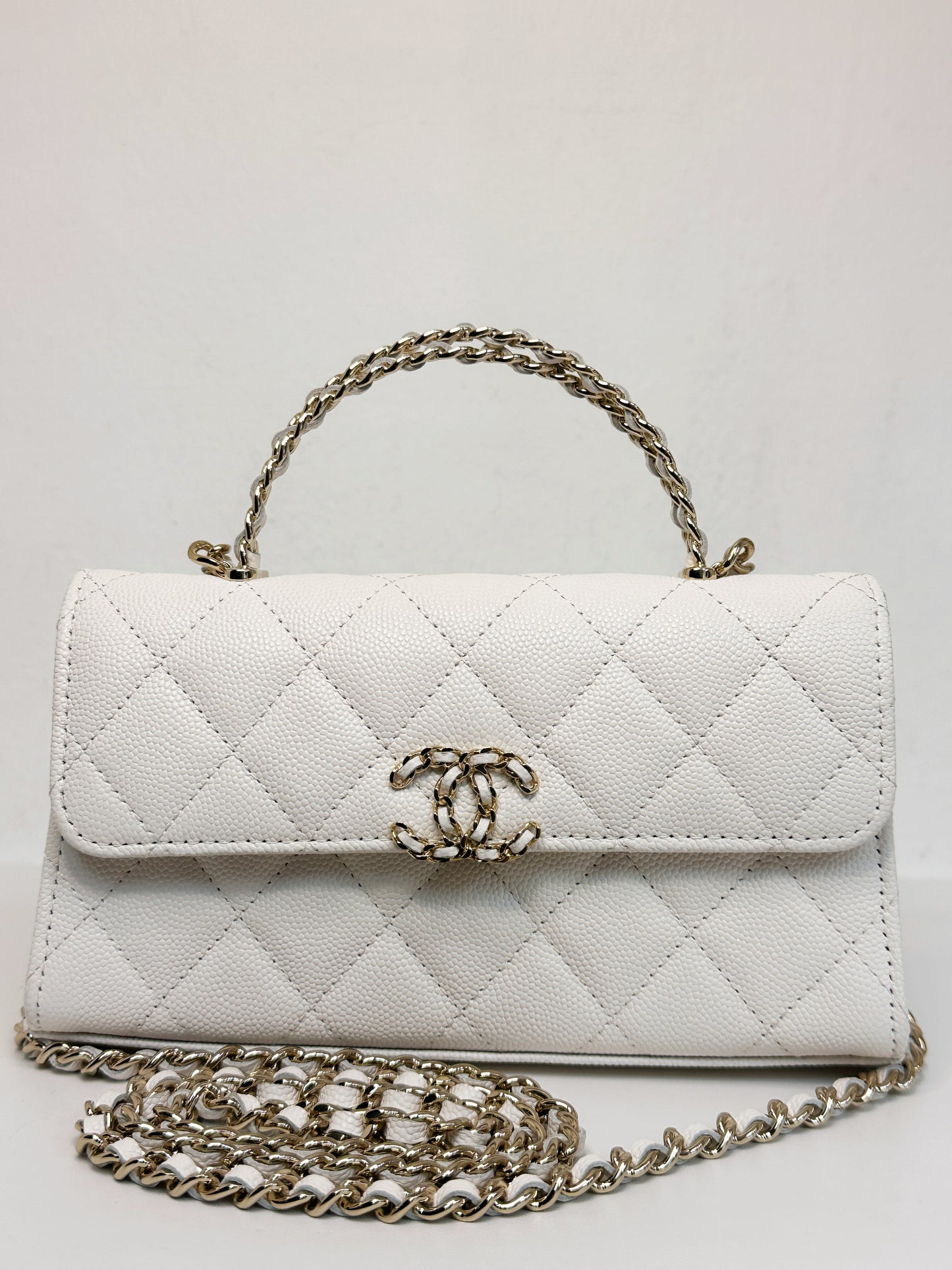 Chanel 23P Top Handle Kelly Clutch with Chain in White Caviar GHW
