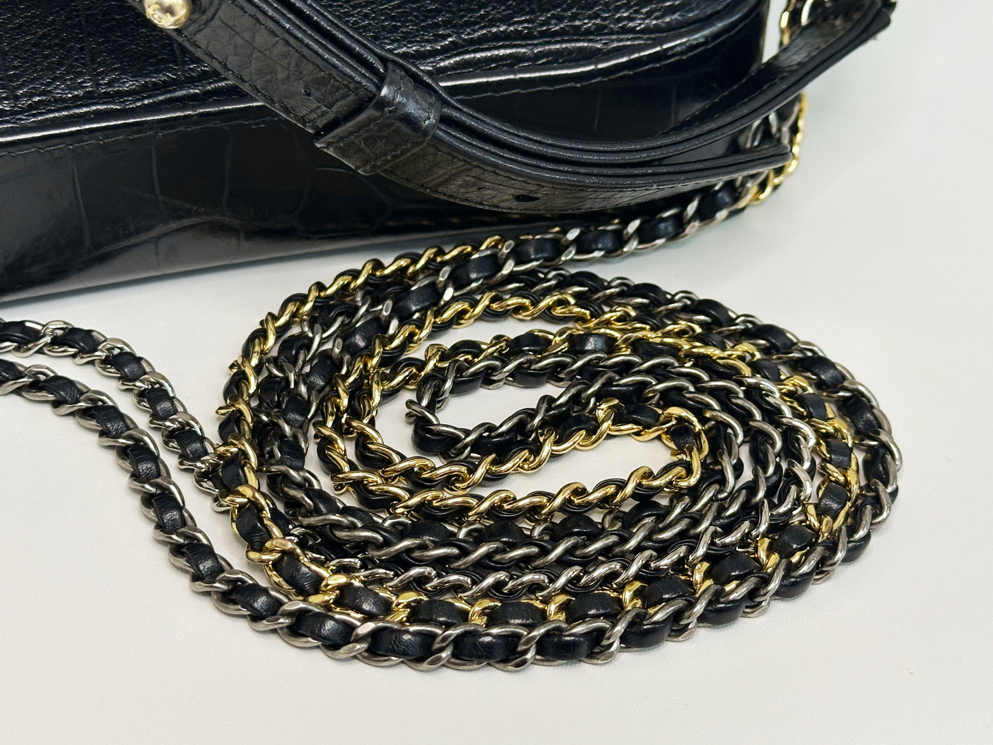 Chanel Small Gabrielle Hobo Bag Crocodile Embossed Calfskin Black 2822 holo card