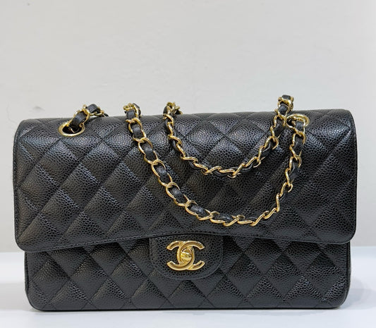 Chanel Medium Classic Quilted Caviar Double Flap Black GHW 2790 holo card