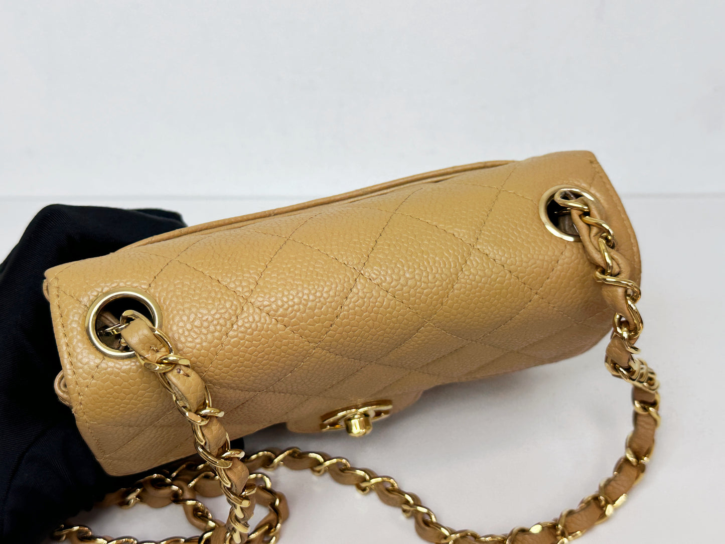 Chanel 24K Gold Mini Square Caviar Classic Flap Chain Shoulder Bag Beige GHW 84 holo card