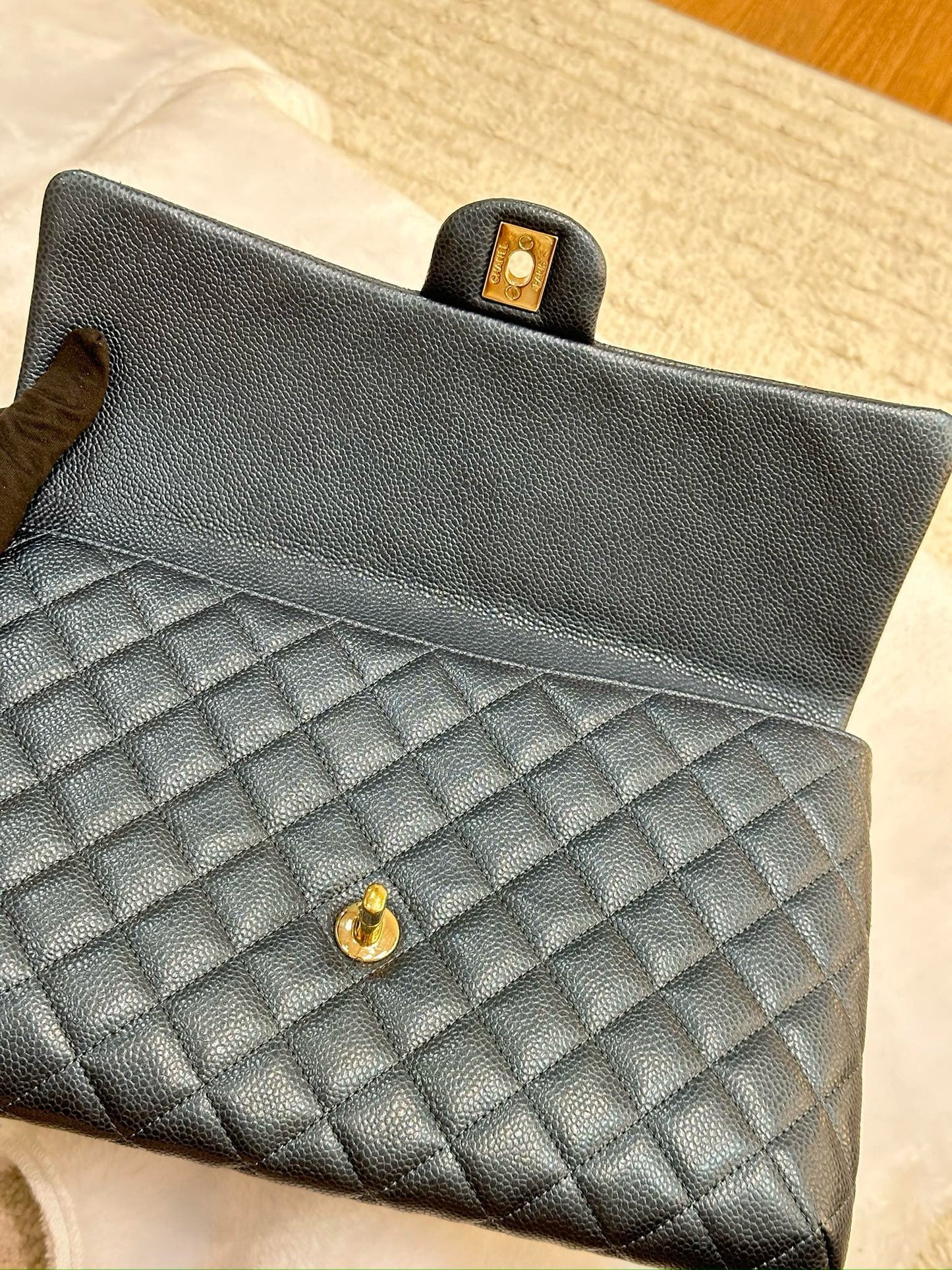 CHANEL Classic Large Clutch Blue Grained Calfskin GHW