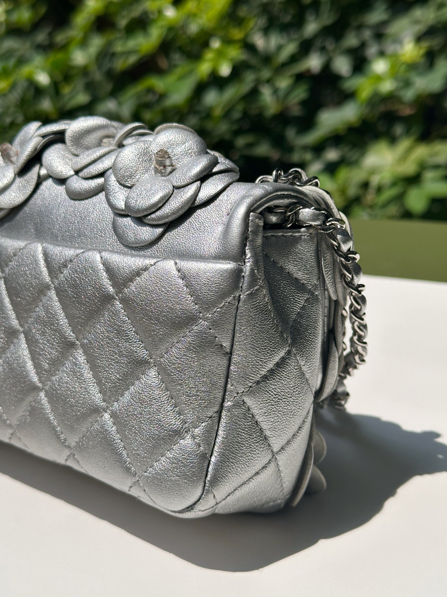 Chanel Mini Camellia Lambskin Shiny Silver SHW 2245 holo