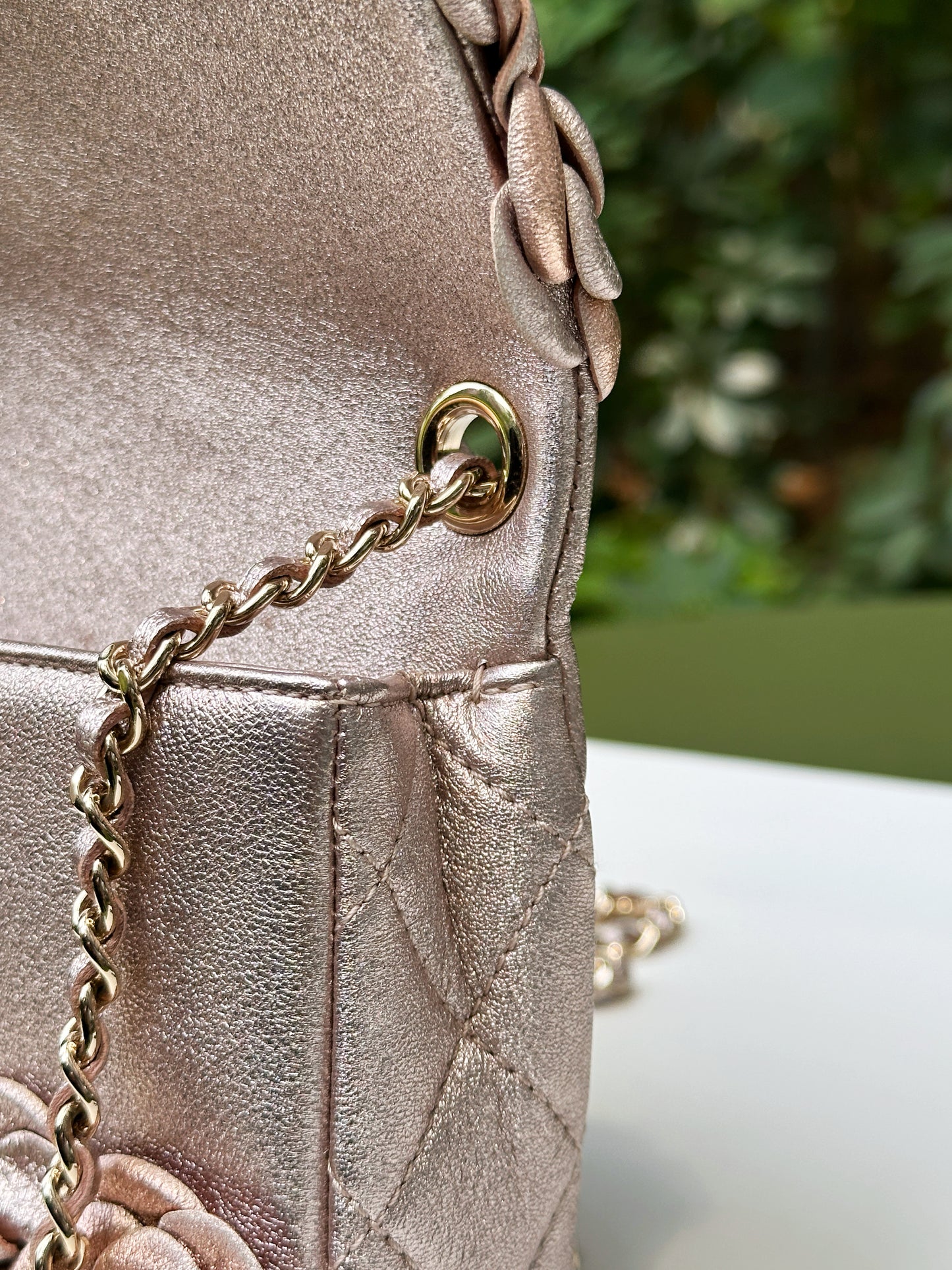 Chanel Camellia Mini Metallic Rose Gold/Pink Lambskin Gold Hardware 2078 holo card