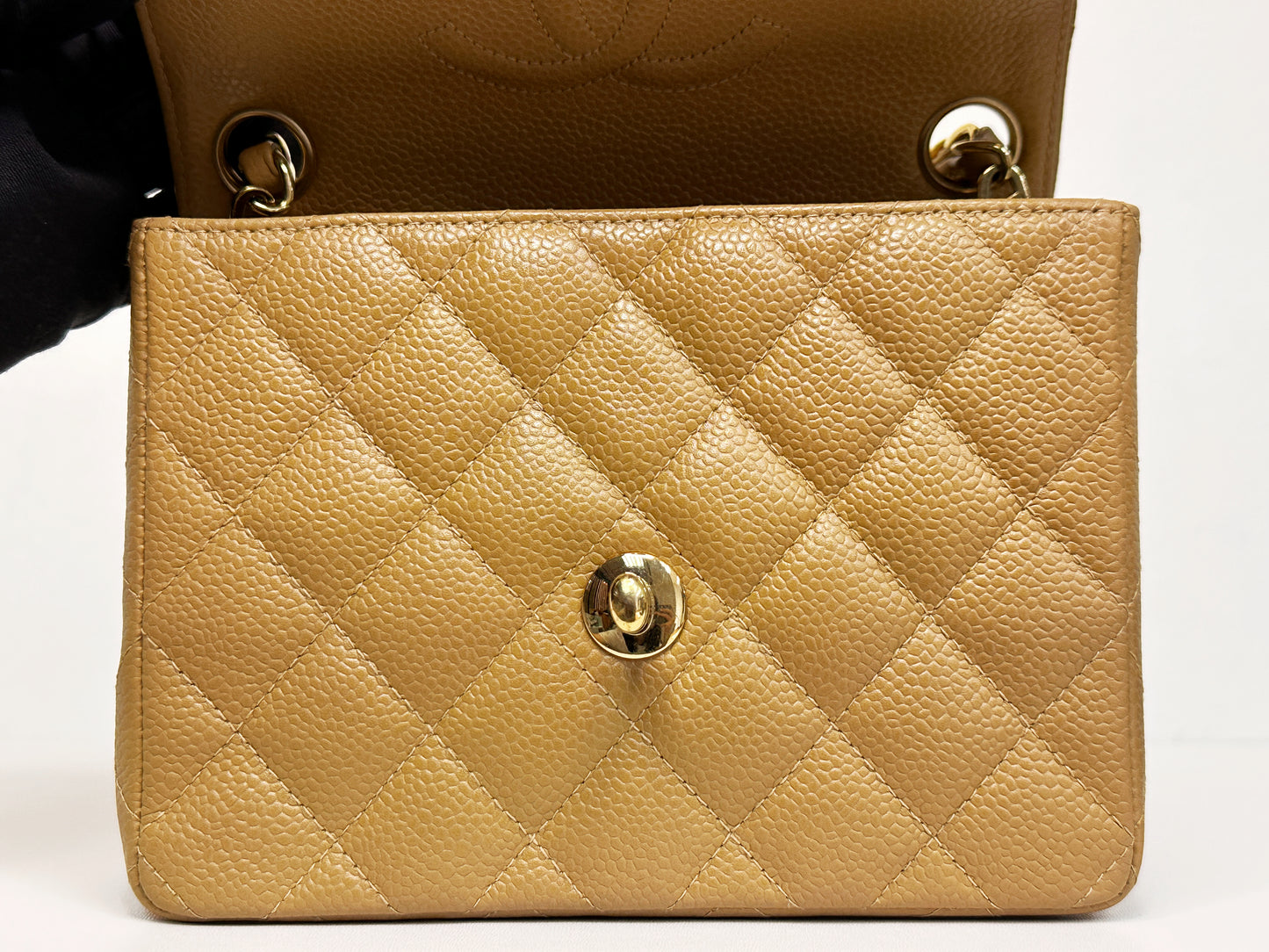 Chanel 24K Gold Mini Square Caviar Classic Flap Chain Shoulder Bag Beige GHW 84 holo card