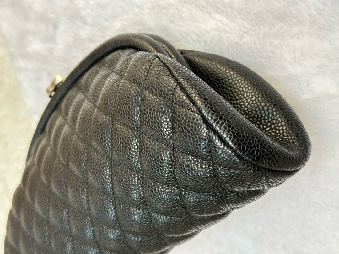 Chanel Quilted Timeless Kisslock Clutch Black Caviar SHW 1228 holo card