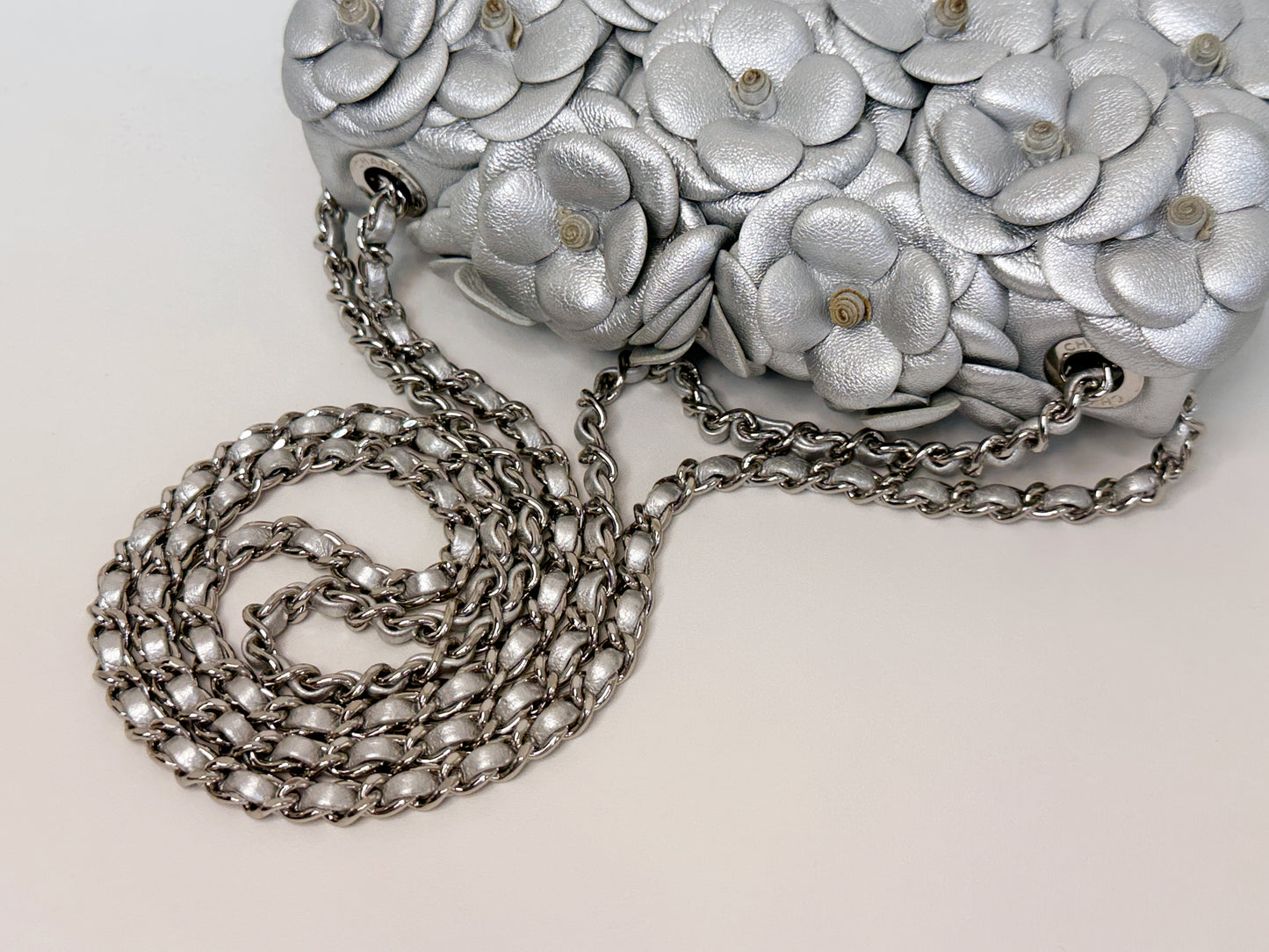 Chanel Mini Camellia Lambskin Shiny Silver SHW 2245 holo