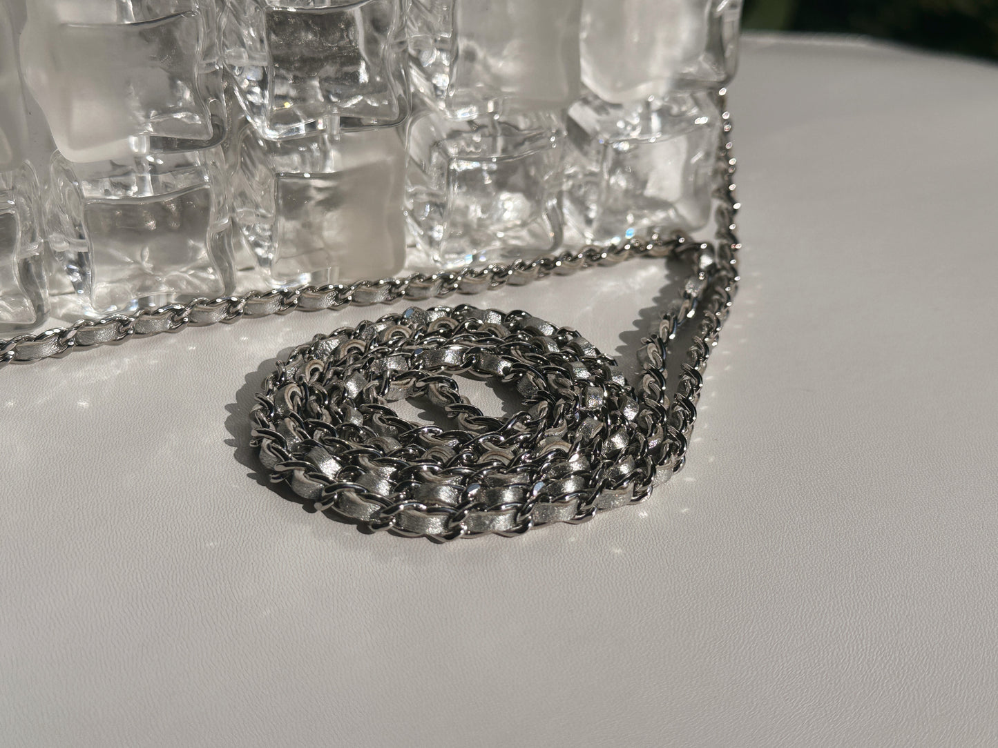 Chanel Silver Metallic Lambskin and Clear Acrylic Ice Cube Bag Silver Hardware 1426 holo card
