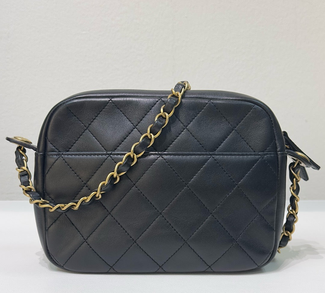 Chanel Calfskin Quilted Enchained Camera Case Bag Black