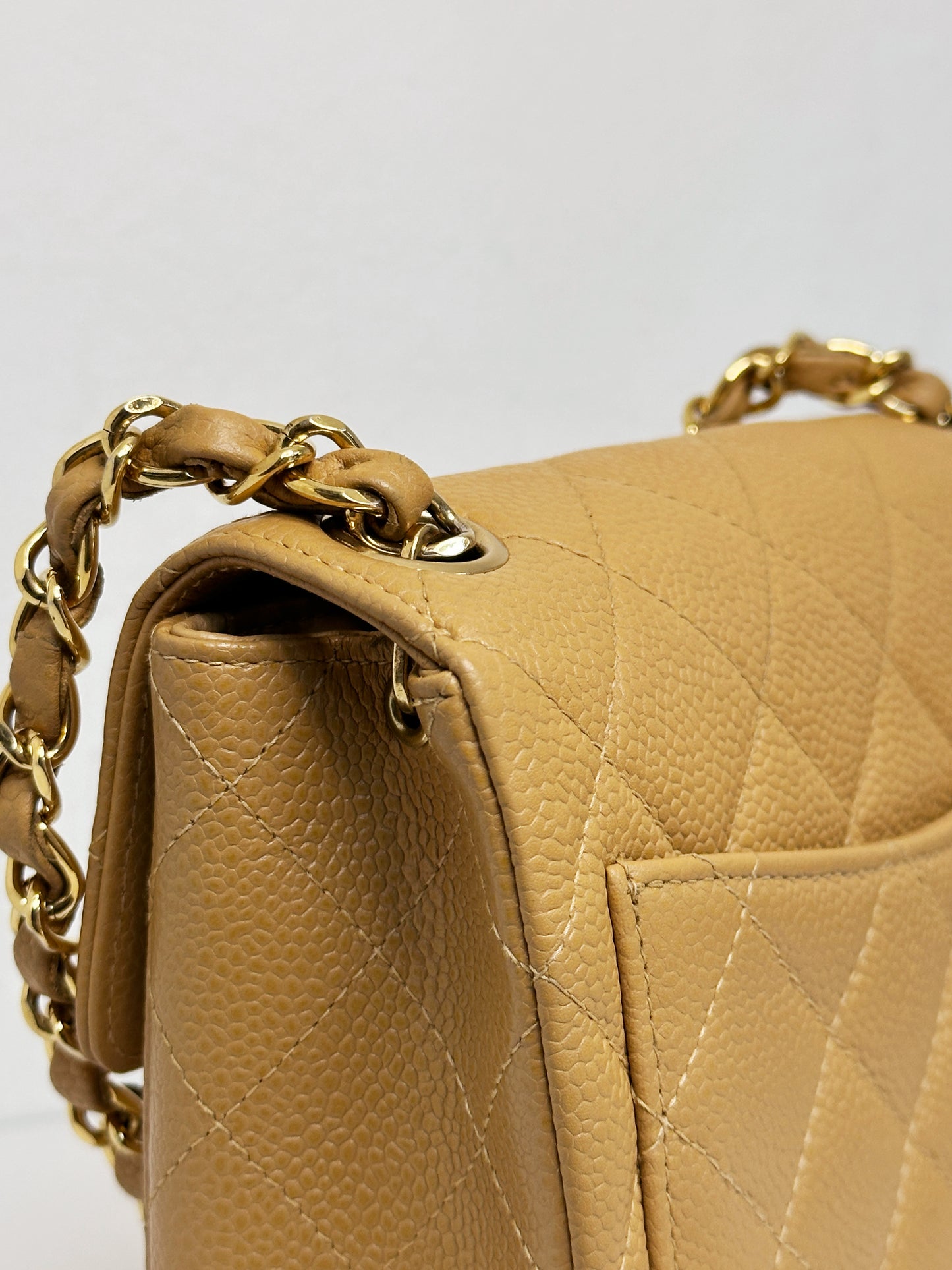 Chanel 24K Gold Mini Square Caviar Classic Flap Chain Shoulder Bag Beige GHW 84 holo card
