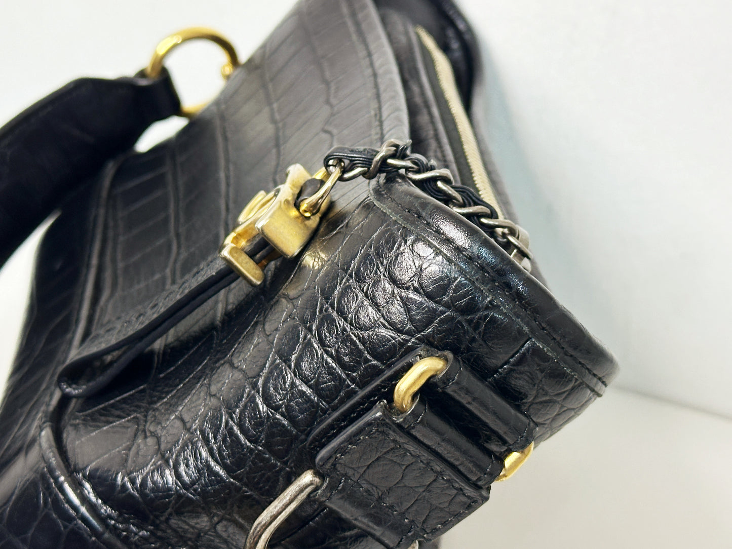 Chanel Small Gabrielle Hobo Bag Crocodile Embossed Calfskin Black 2822 holo card