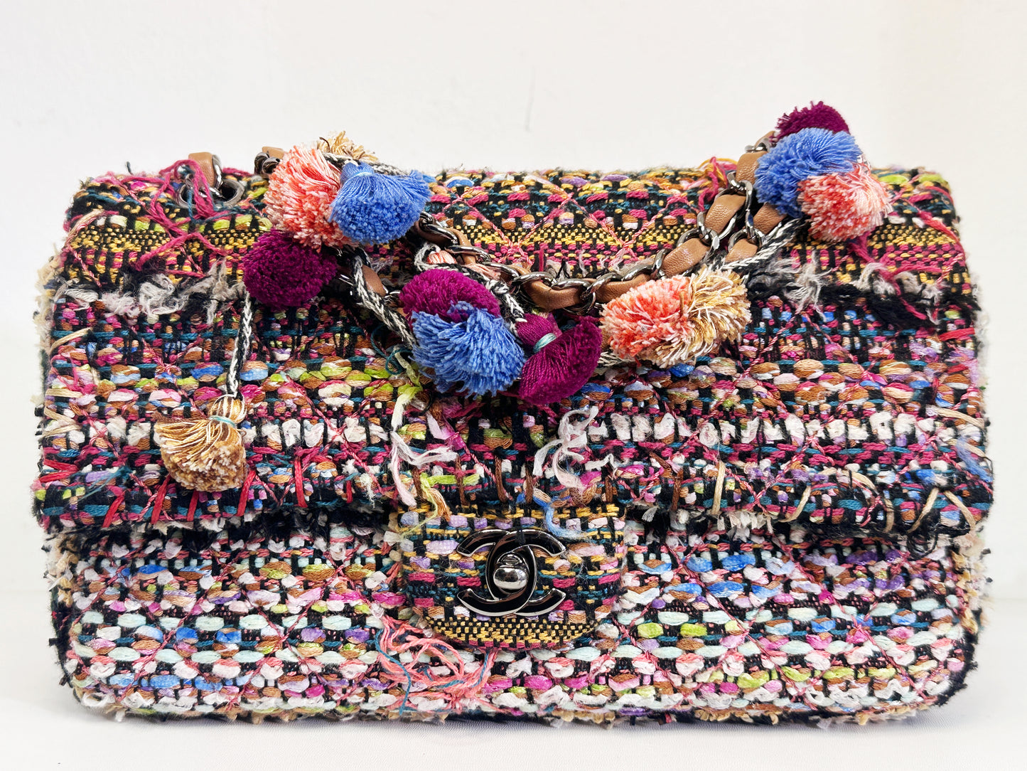 Chanel Pom Pom CC Quilted Tweed Medium Flap Bag