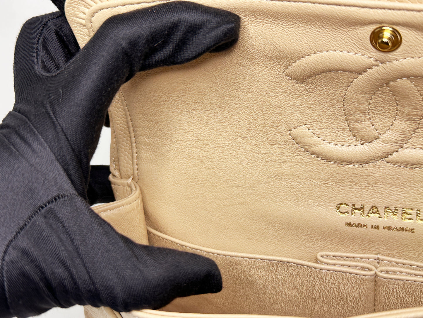 Chanel Medium Beige Classic Caviar Double Flap Bag GHW 2163 holo