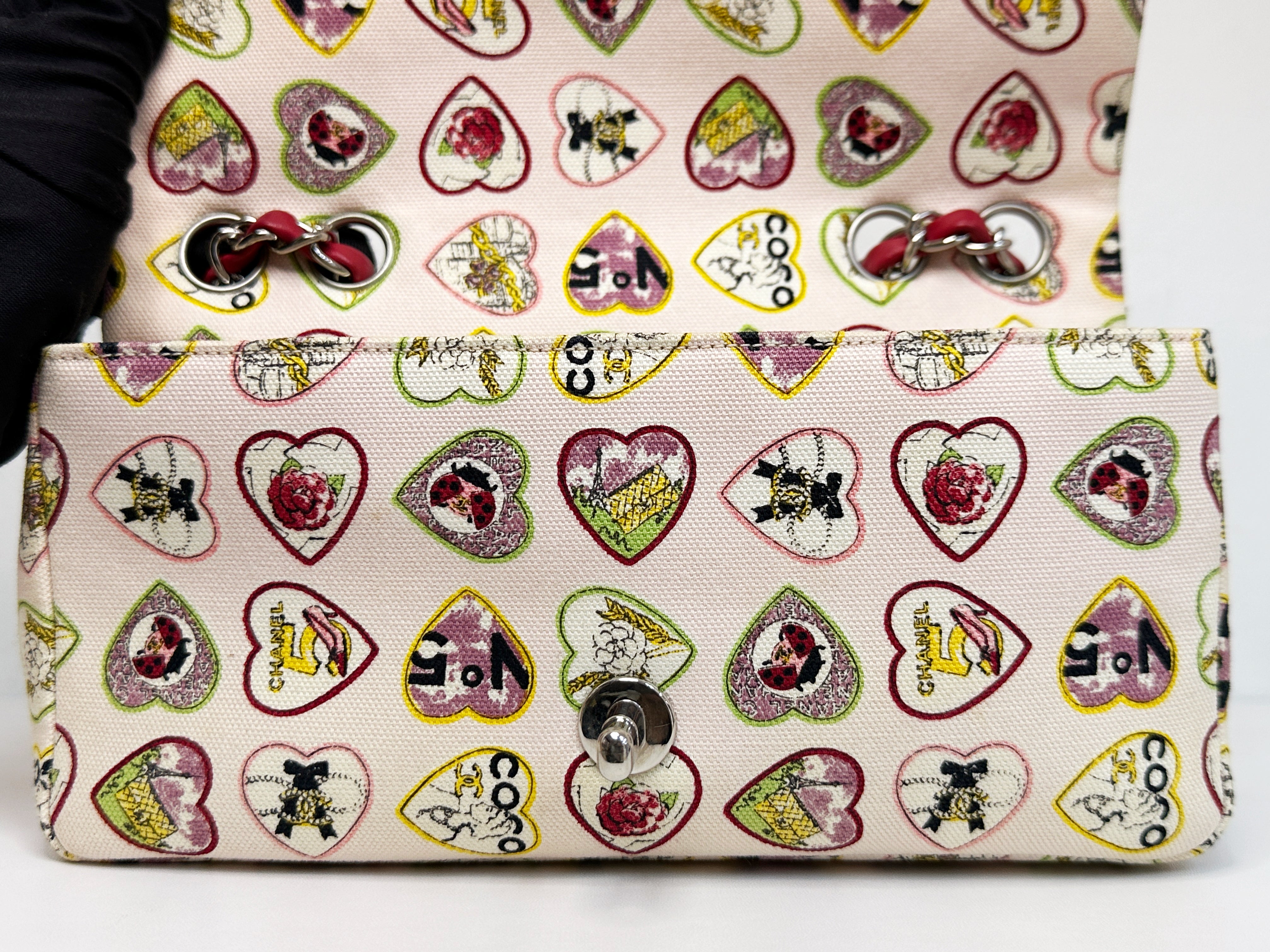 Chanel Valentine Coco Heart Motif Printed Pink Canvas East West Flap Bag 1064 holo