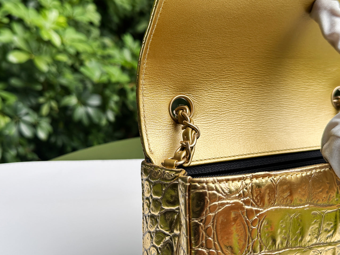 Chanel Mini Calfskin Crocodile Embossed Rectangular Gold Metallic Flap Bag 2803 holo card