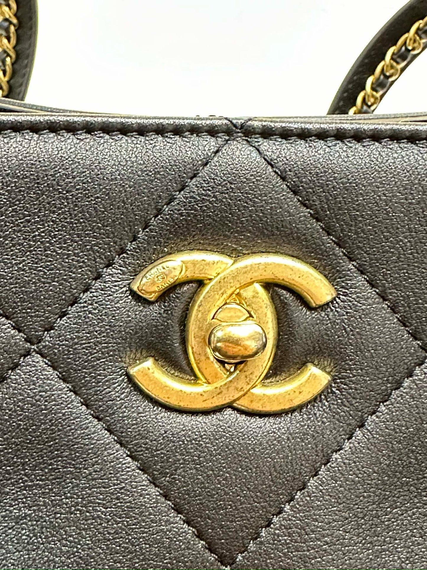 Chanel Calfskin Quilted Chain Shopping Tote Black