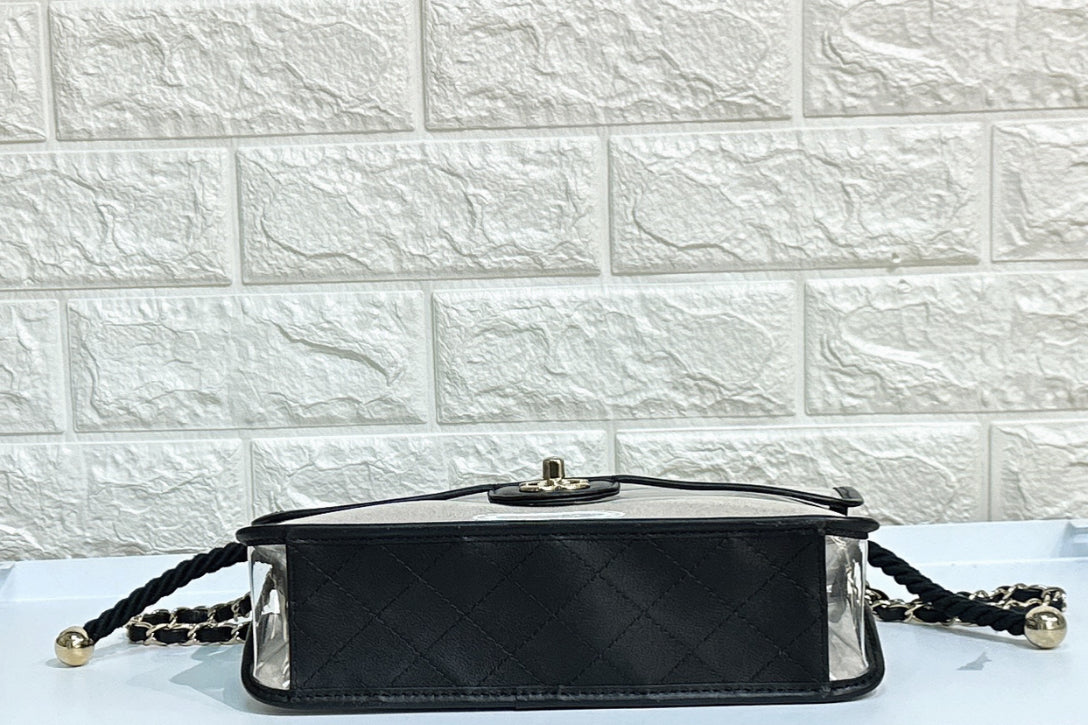 CHANEL Lambskin PVC Sand By The Sea Flap With Pearl Strap Black