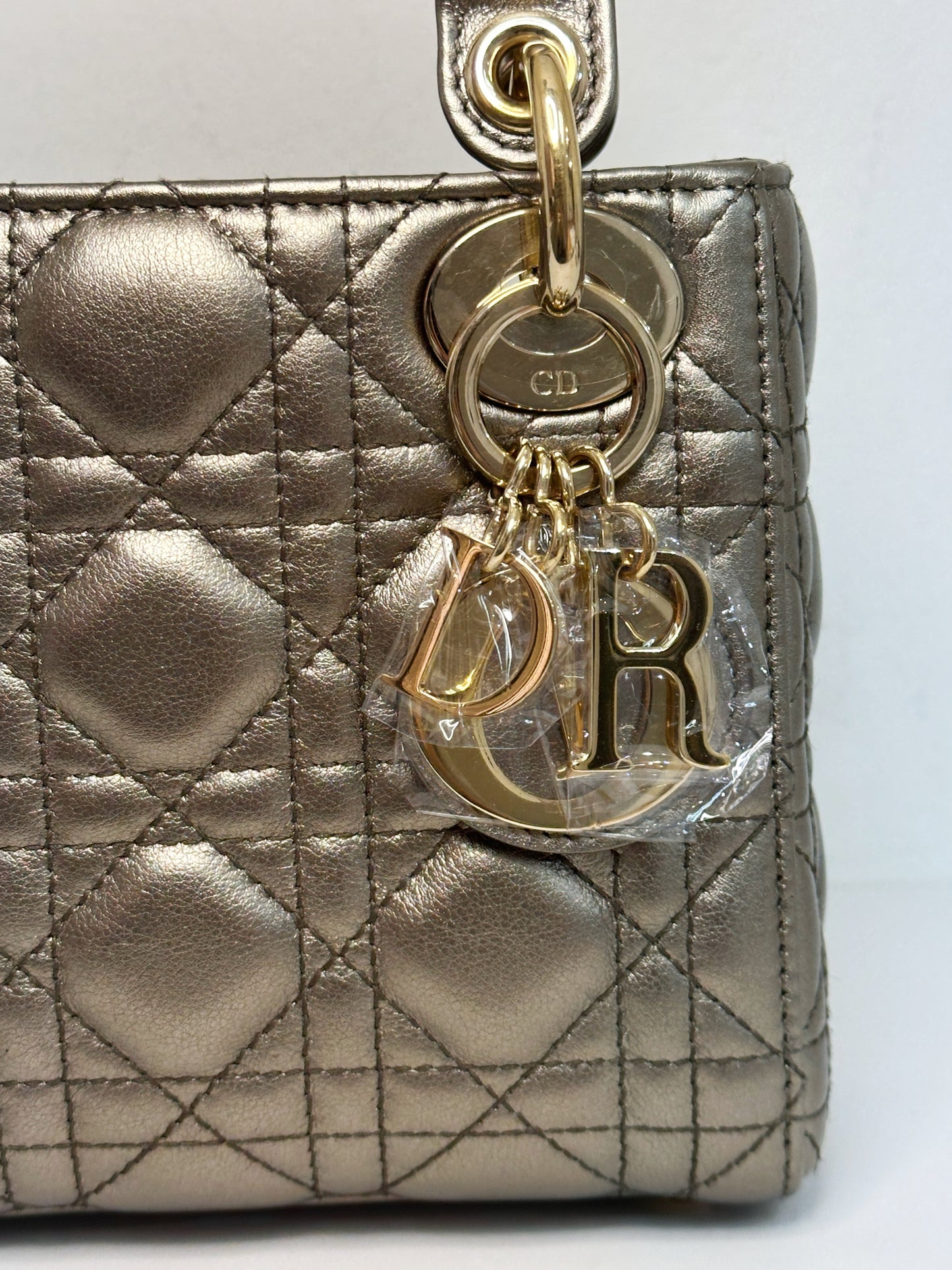CHRISTIAN DIOR LADY MINI CALFSKIN CANNAGE BRONZE METALLIC GOLDEN HARDWARE CHAIN STRAP