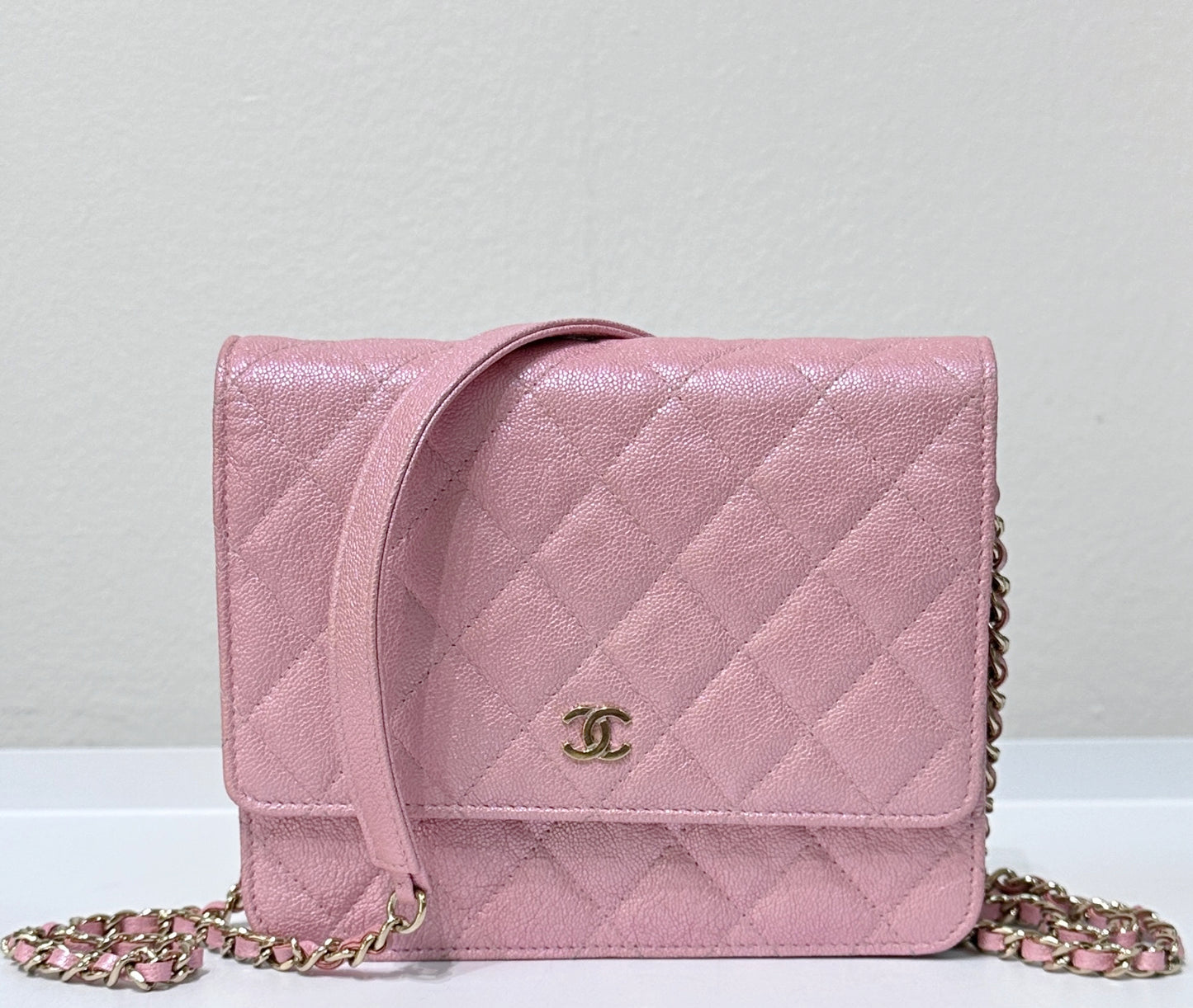 Chanel Square Wallet on Chain WOC Iridescent Pink Caviar Light Gold Hardware