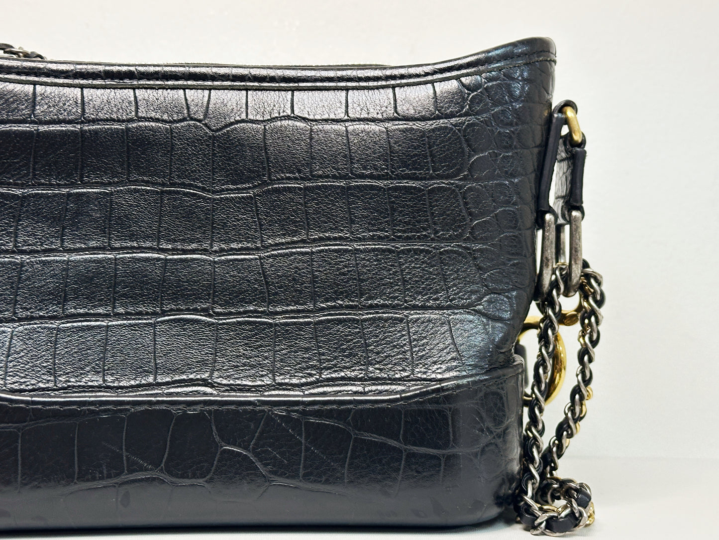 Chanel Small Gabrielle Hobo Bag Crocodile Embossed Calfskin Black 2822 holo card
