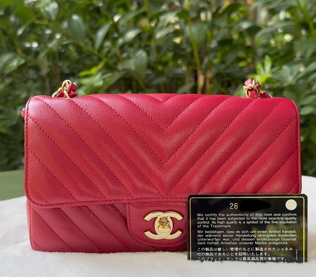 Chanel Mini Rectangle Chevron Red Caviar with GHW