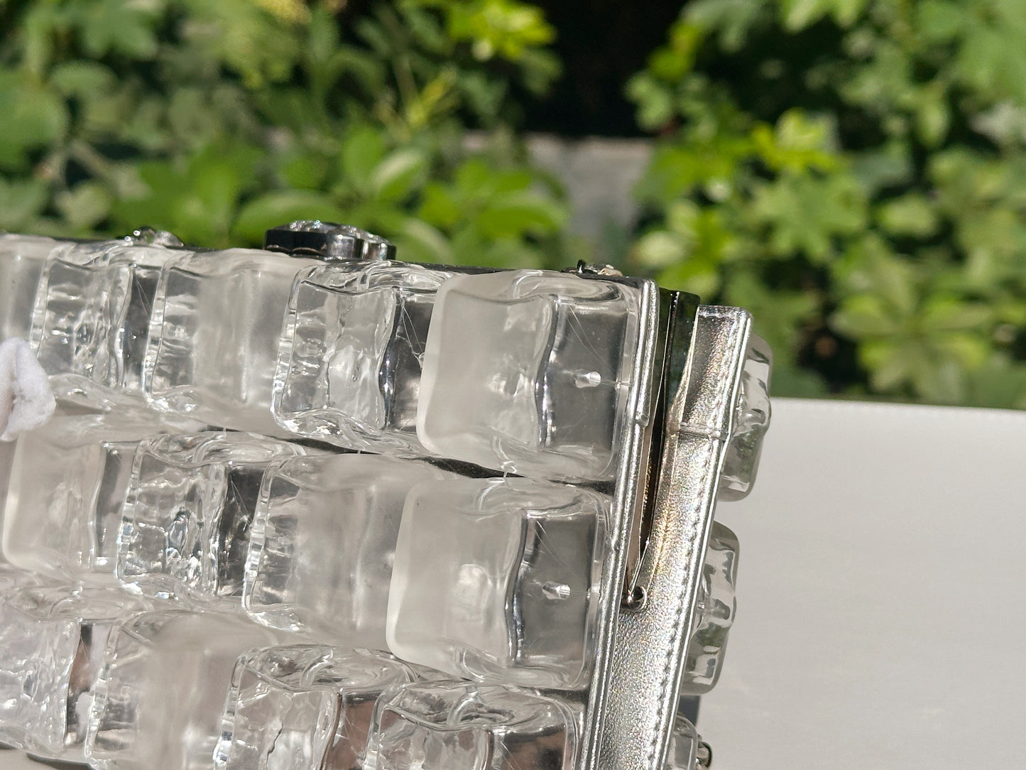 Chanel Silver Metallic Lambskin and Clear Acrylic Ice Cube Bag Silver Hardware 1426 holo card