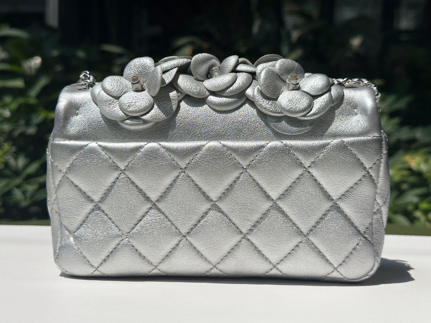 Chanel Mini Camellia Lambskin Shiny Silver SHW 2245 holo