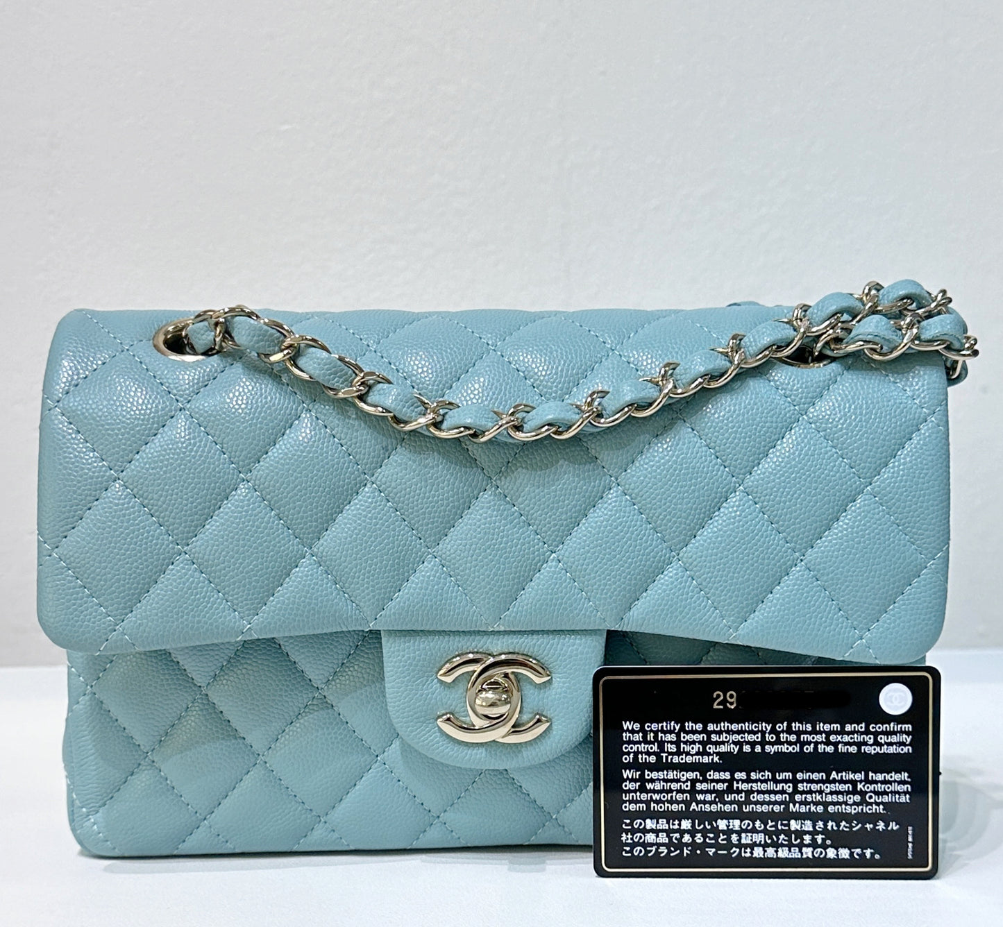 Chanel Small Classic Caviar Double Flap Tiffany Blue 20C GHW