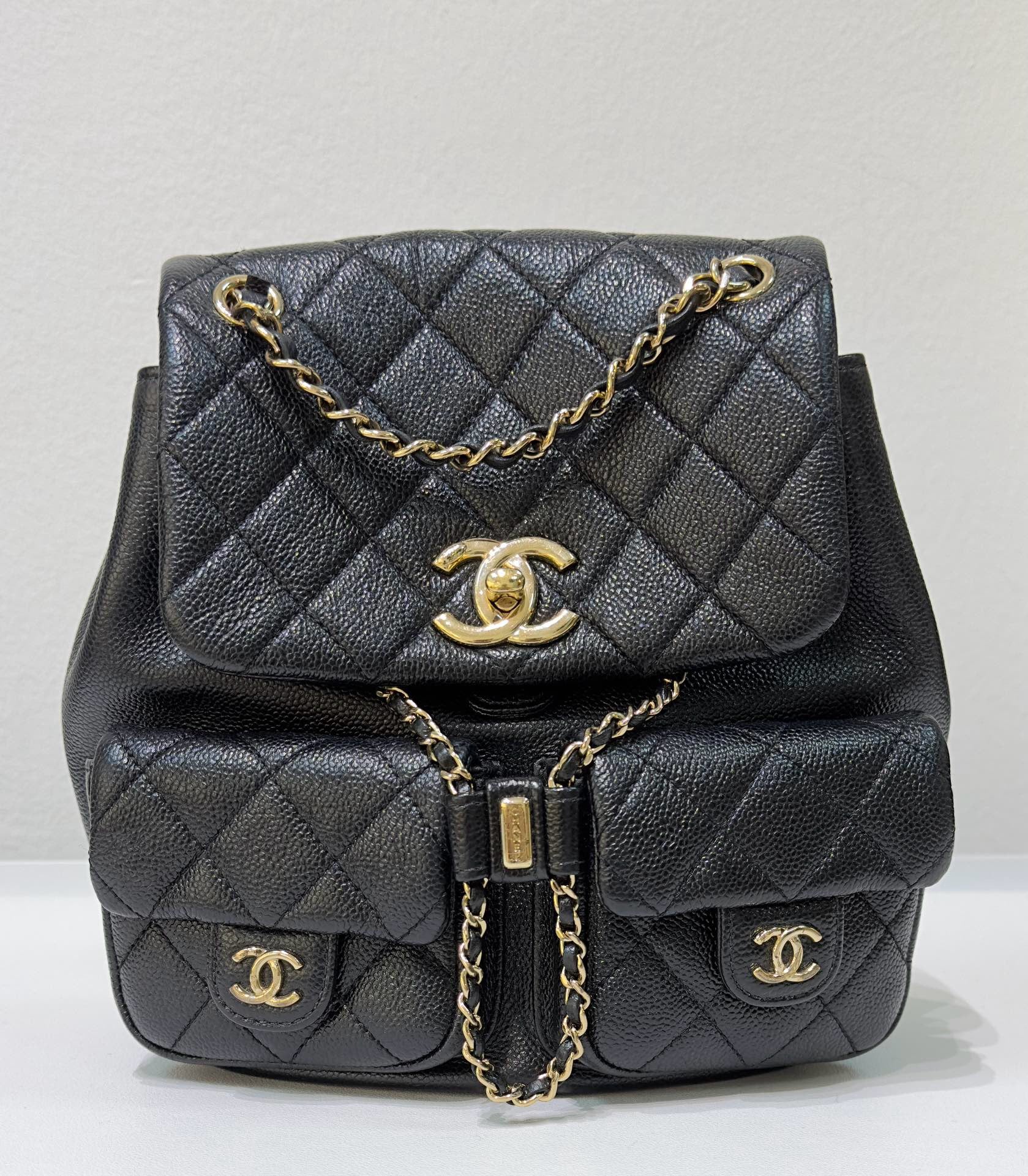 chanel backpack caviar leather Chanel 23P Small Shiny Caviar Quilted Duma Pockets Drawstring Backpack Black GHW