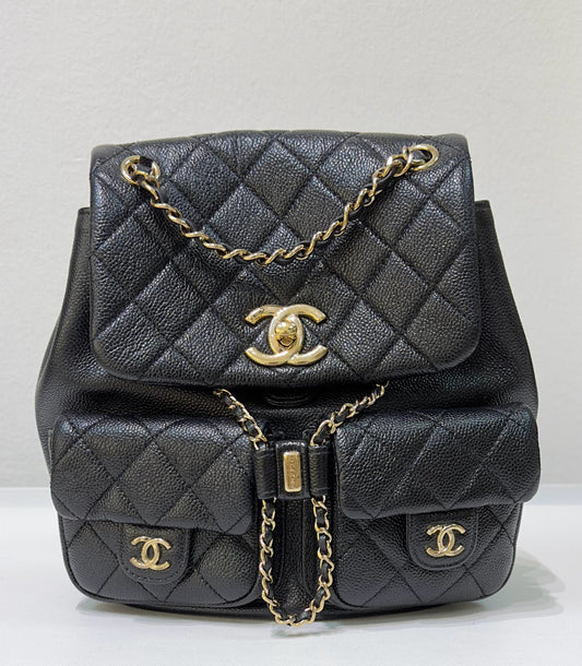 Chanel 23P Small Shiny Caviar Quilted Duma Pockets Drawstring Backpack Black GHW