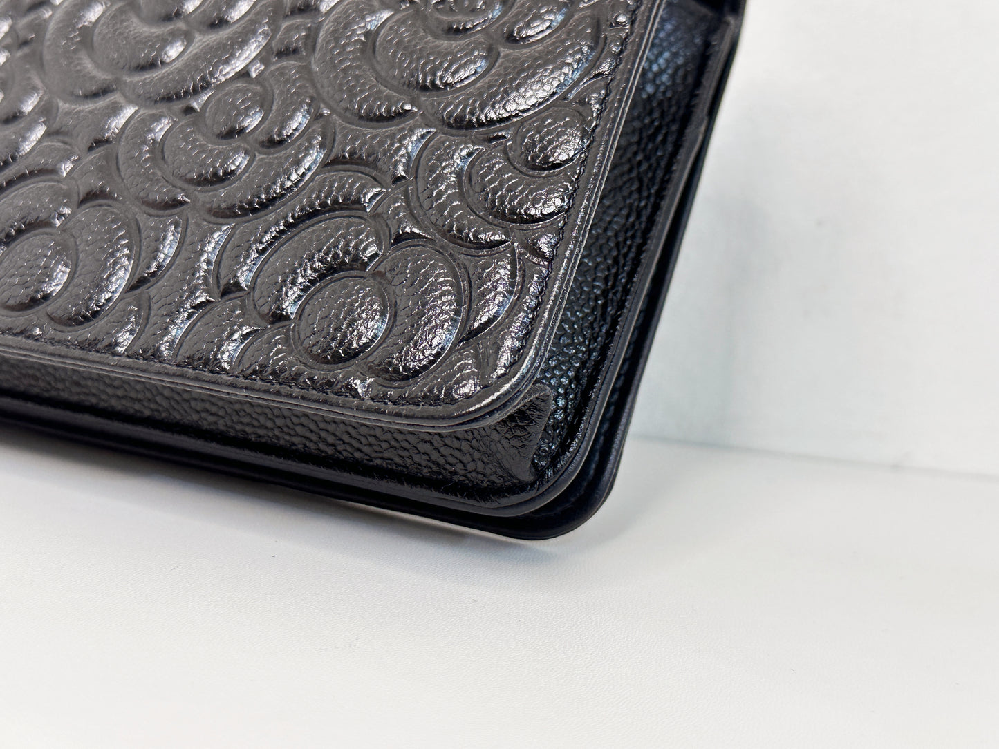 Chanel Black Caviar Camellia Embossed Wallet on Chain WOC Crossbody/ Clutch Bag 2951 holo card