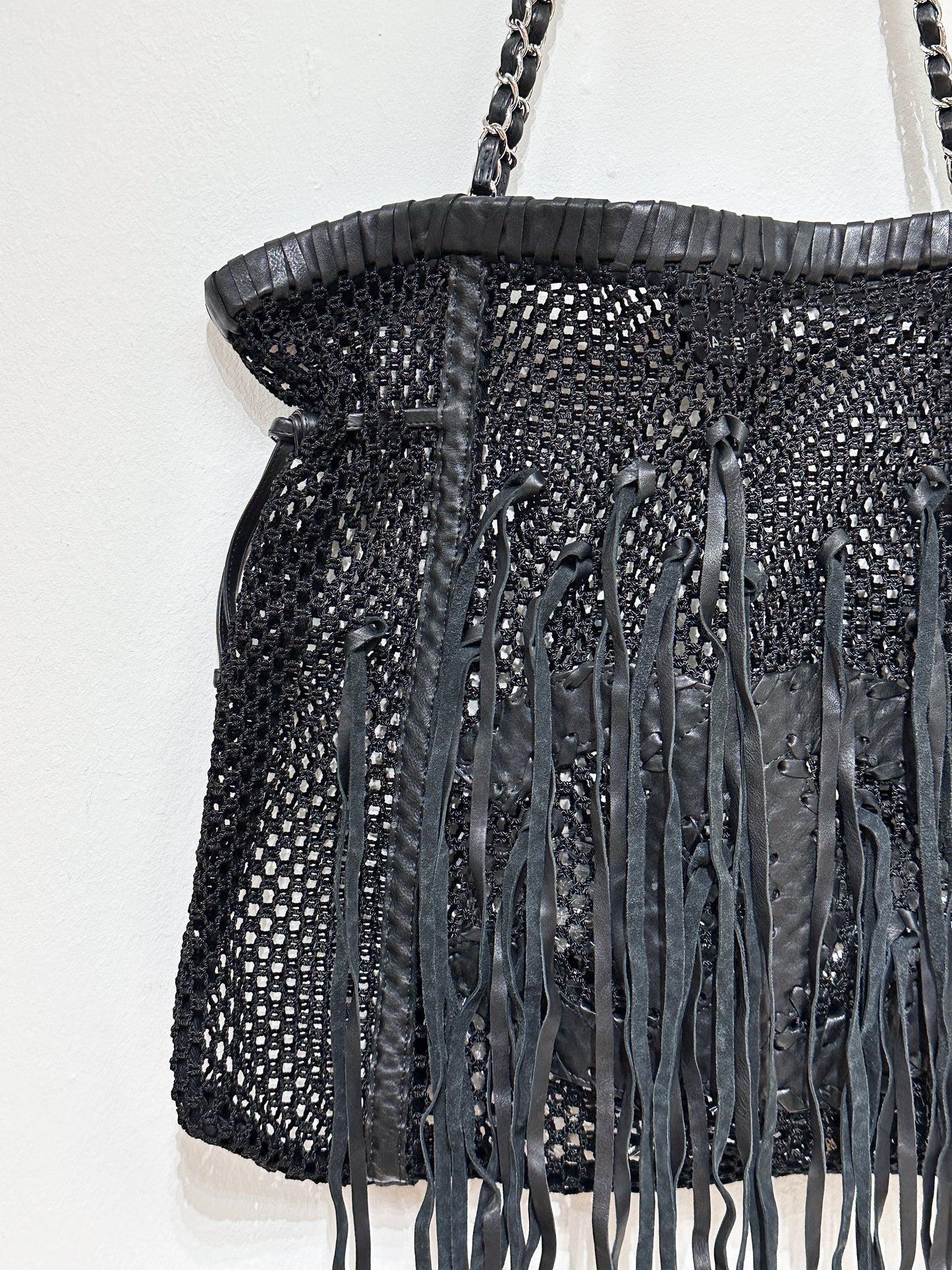 Chanel Limited Edition Resort  Black Fringe Mesh Tote Bag 1426 holo