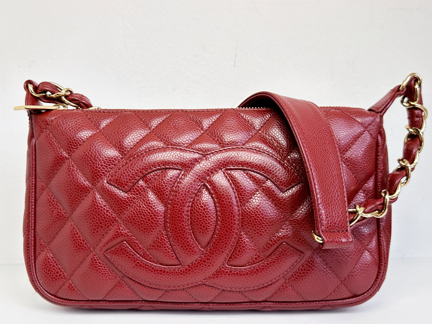 Chanel Small Caviar Quilted Pochette Shoulder Bag Red GHW