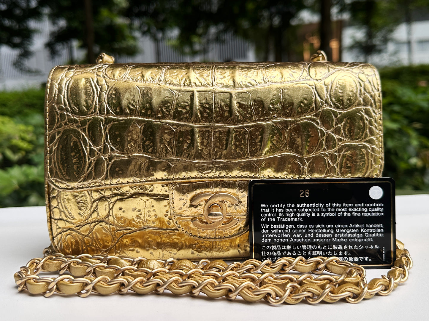 Chanel Mini Calfskin Crocodile Embossed Rectangular Gold Metallic Flap Bag 2803 holo card