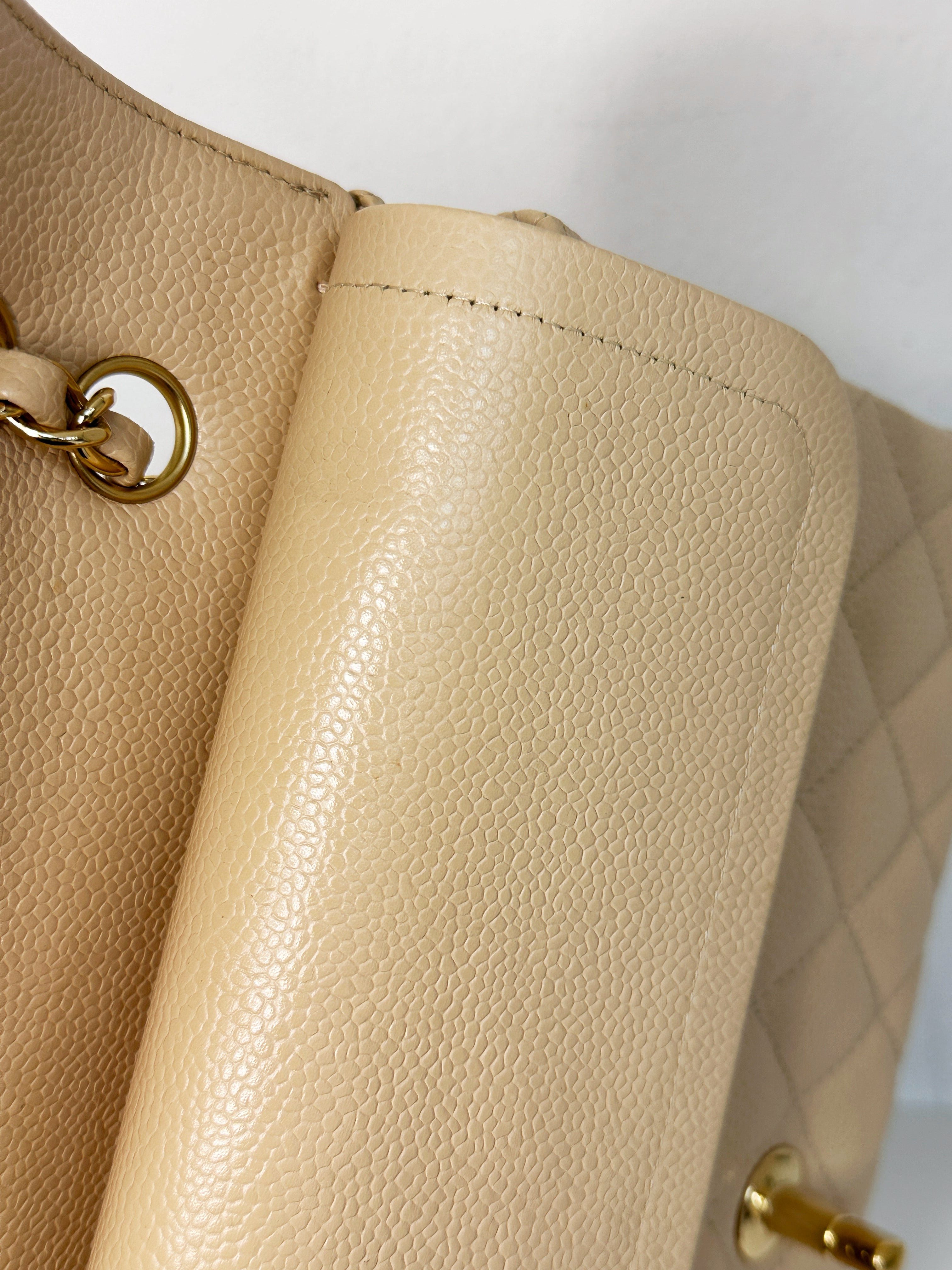 Chanel Medium Beige Classic Caviar Double Flap Bag GHW 2163 holo