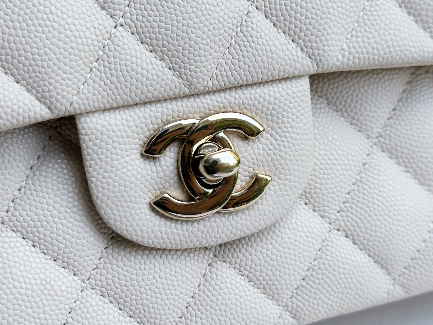 Chanel Medium Caviar Classic Quilted Double Flap Ivory Light Beige Bag LGHW