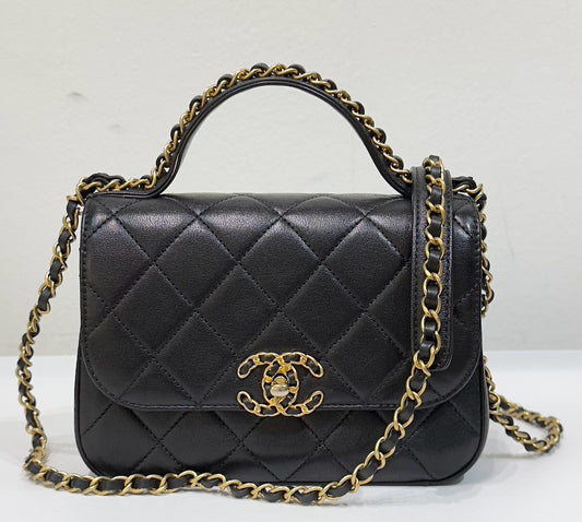 Chanel Small Lambskin Quilted Chain Infinity Top Handle Flap Black GHW