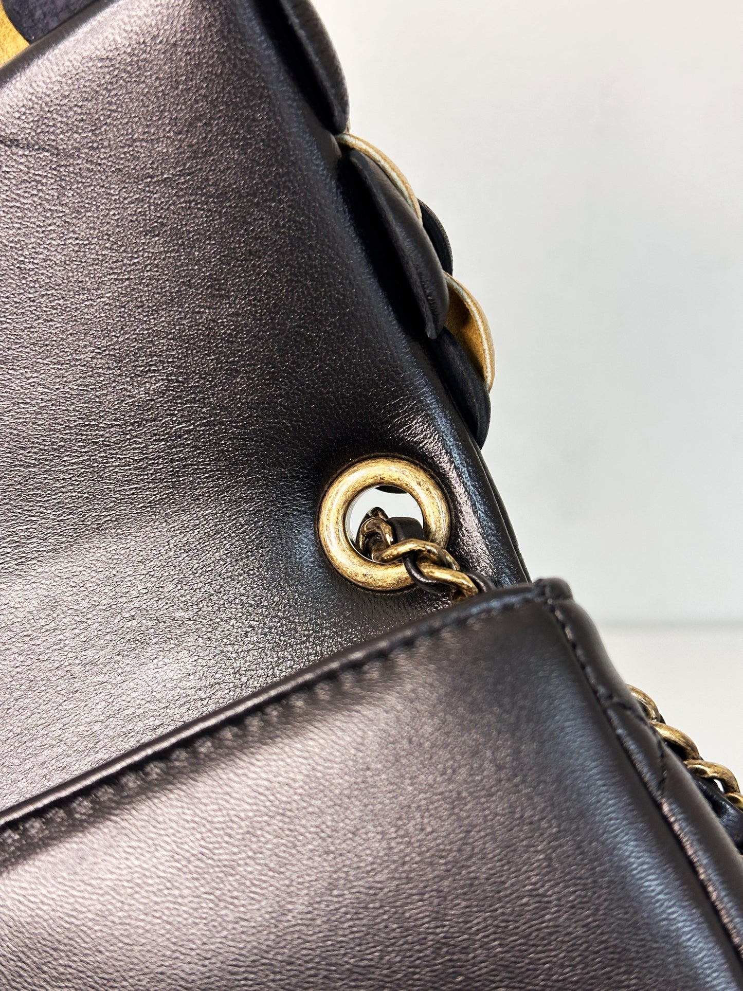 Chanel Mini Metallic Lambskin Quilted Camellia Flap Bag Black Gold 2479 holo card