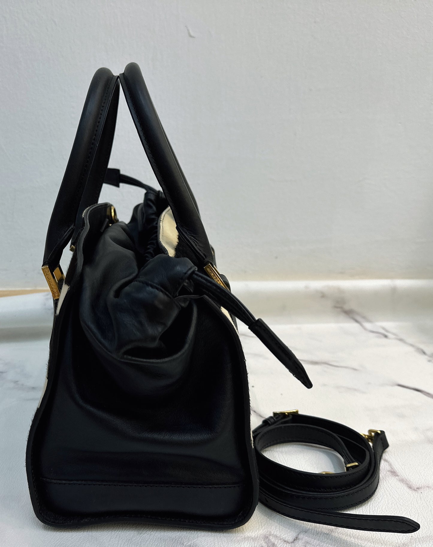 Burberry Black/White Zebra Print Calf Hair And Leather The Crush Drawstring Tote