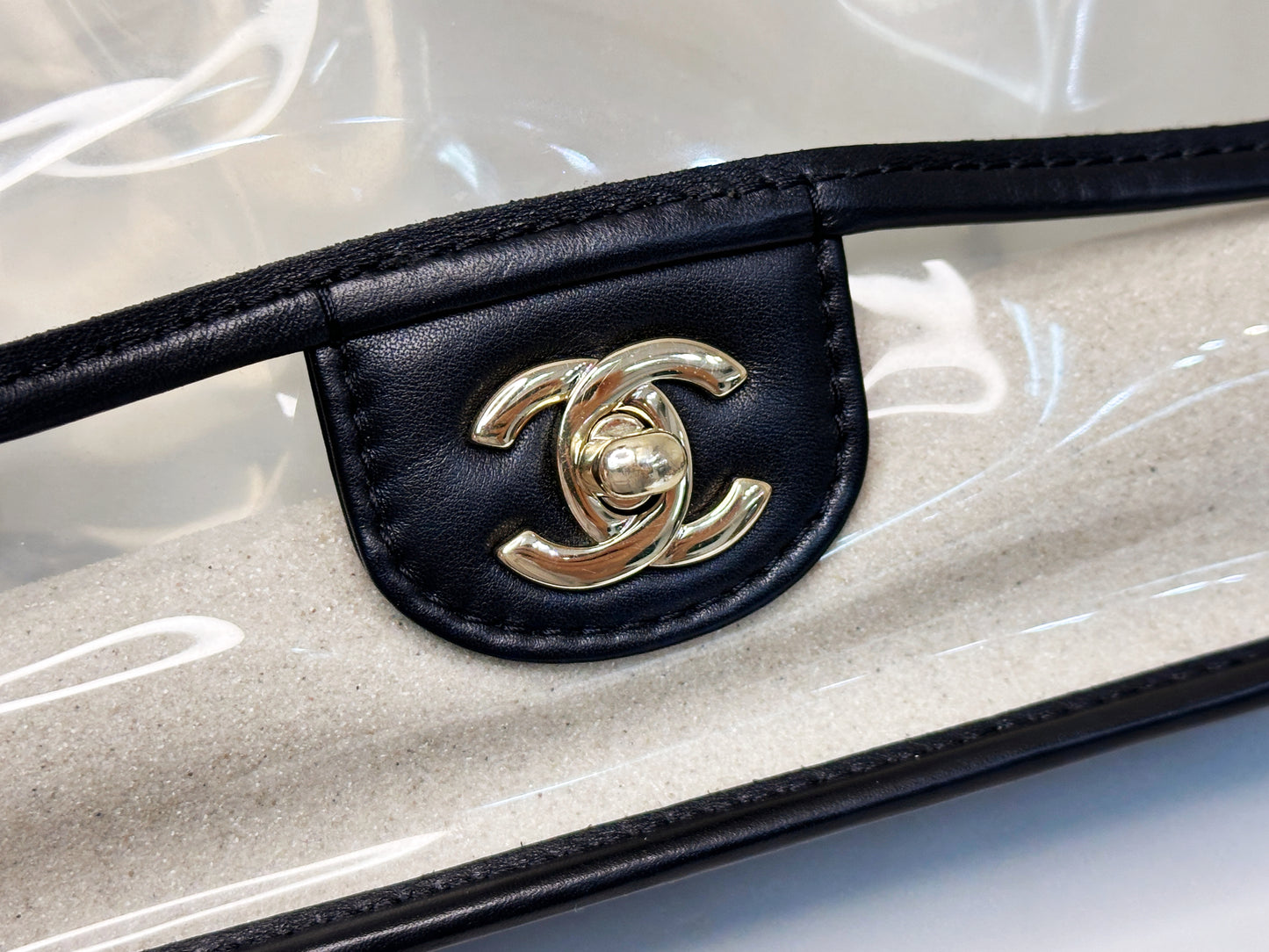 Chanel Medium Lambskin CoCo Sand PVC Sand By The Sea Flap With Pearl Strap Black 274 holo card
