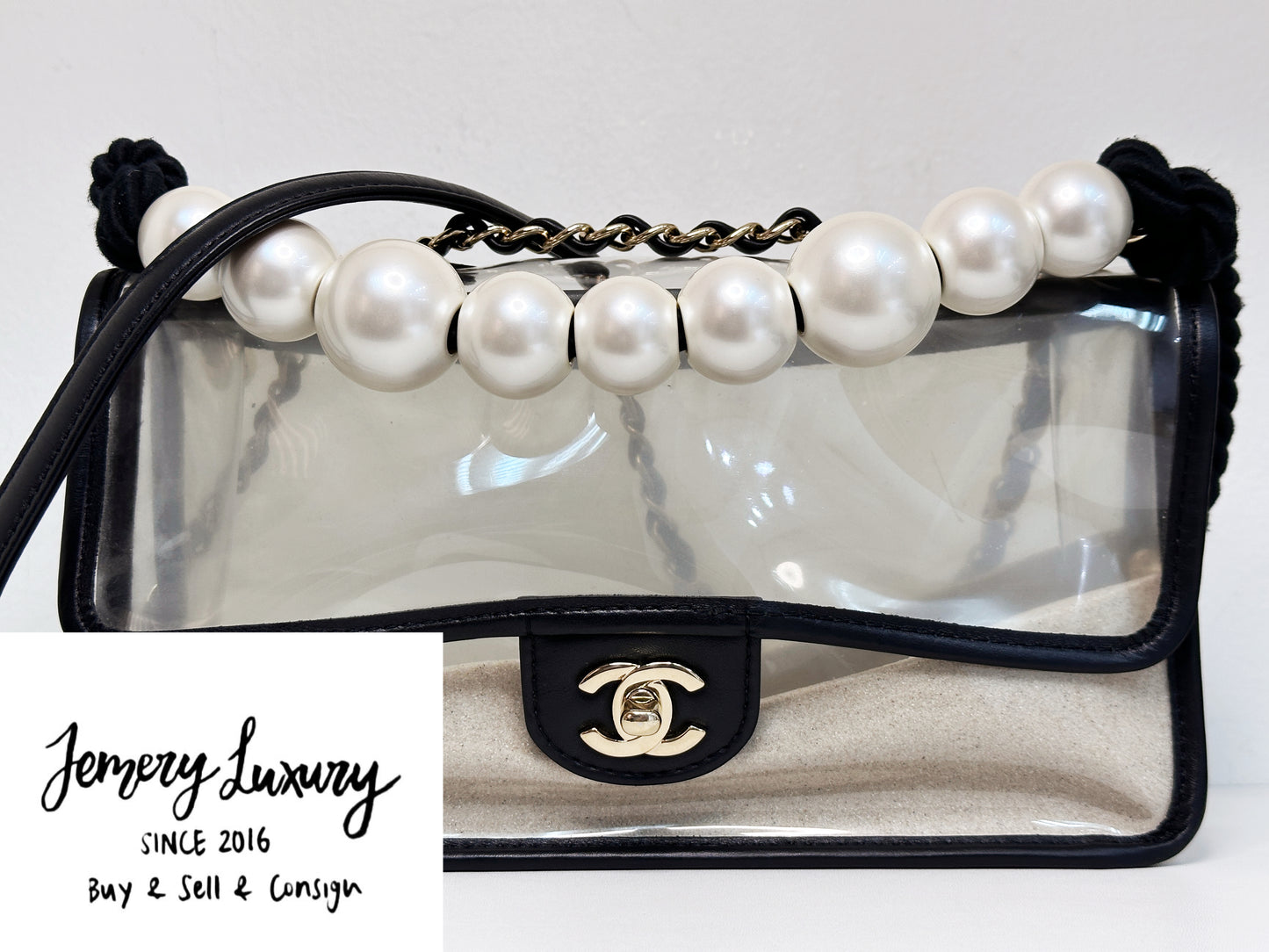 Chanel Medium Lambskin CoCo Sand PVC Sand By The Sea Flap With Pearl Strap Black 274 holo card