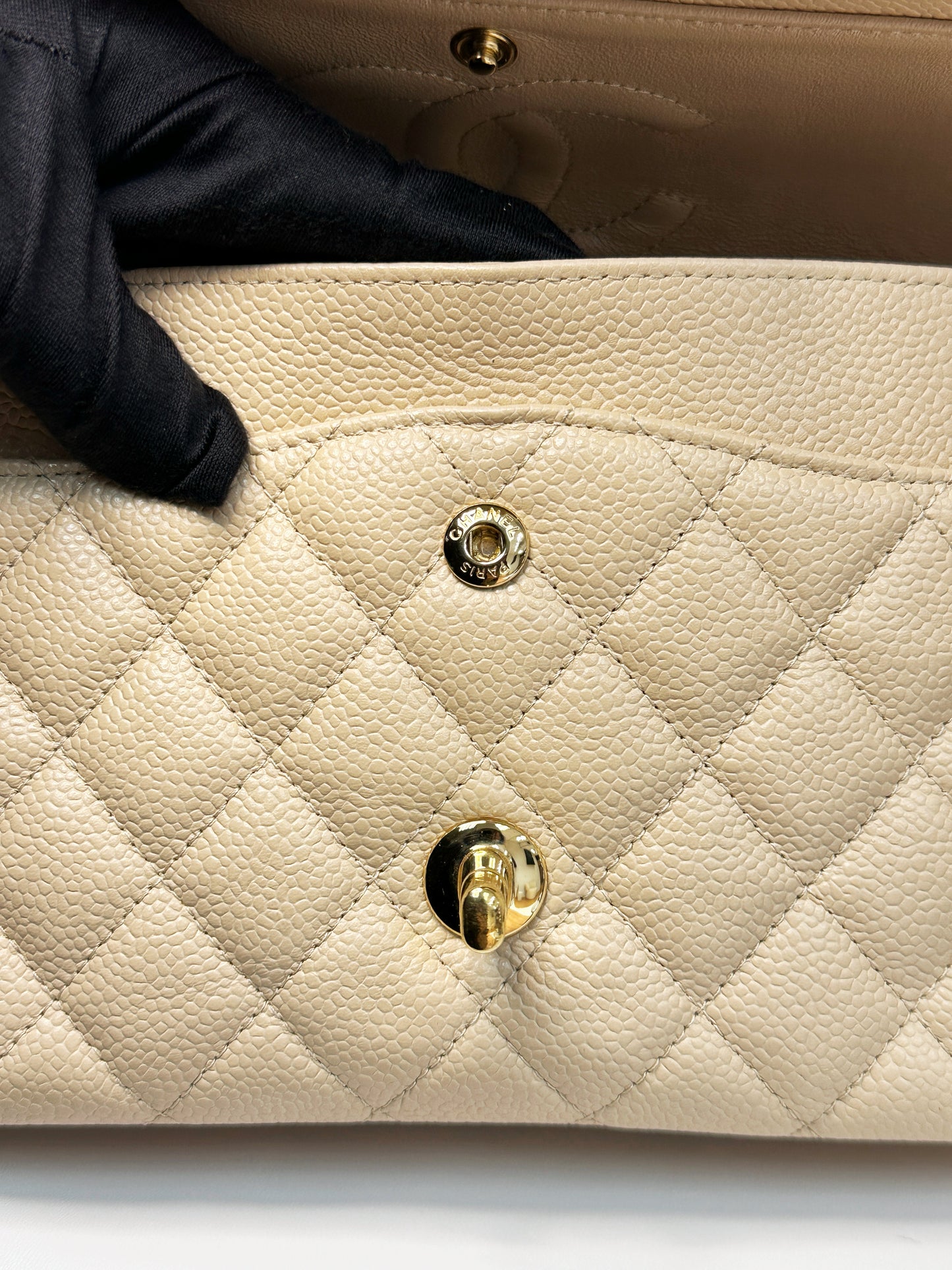 Chanel Medium Beige Classic Caviar Double Flap Bag GHW 2163 holo