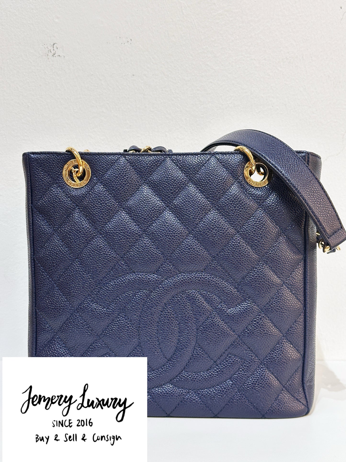 Chanel Caviar Quilted Petit Shopping Tote PST Navy Blue 1898 holo card