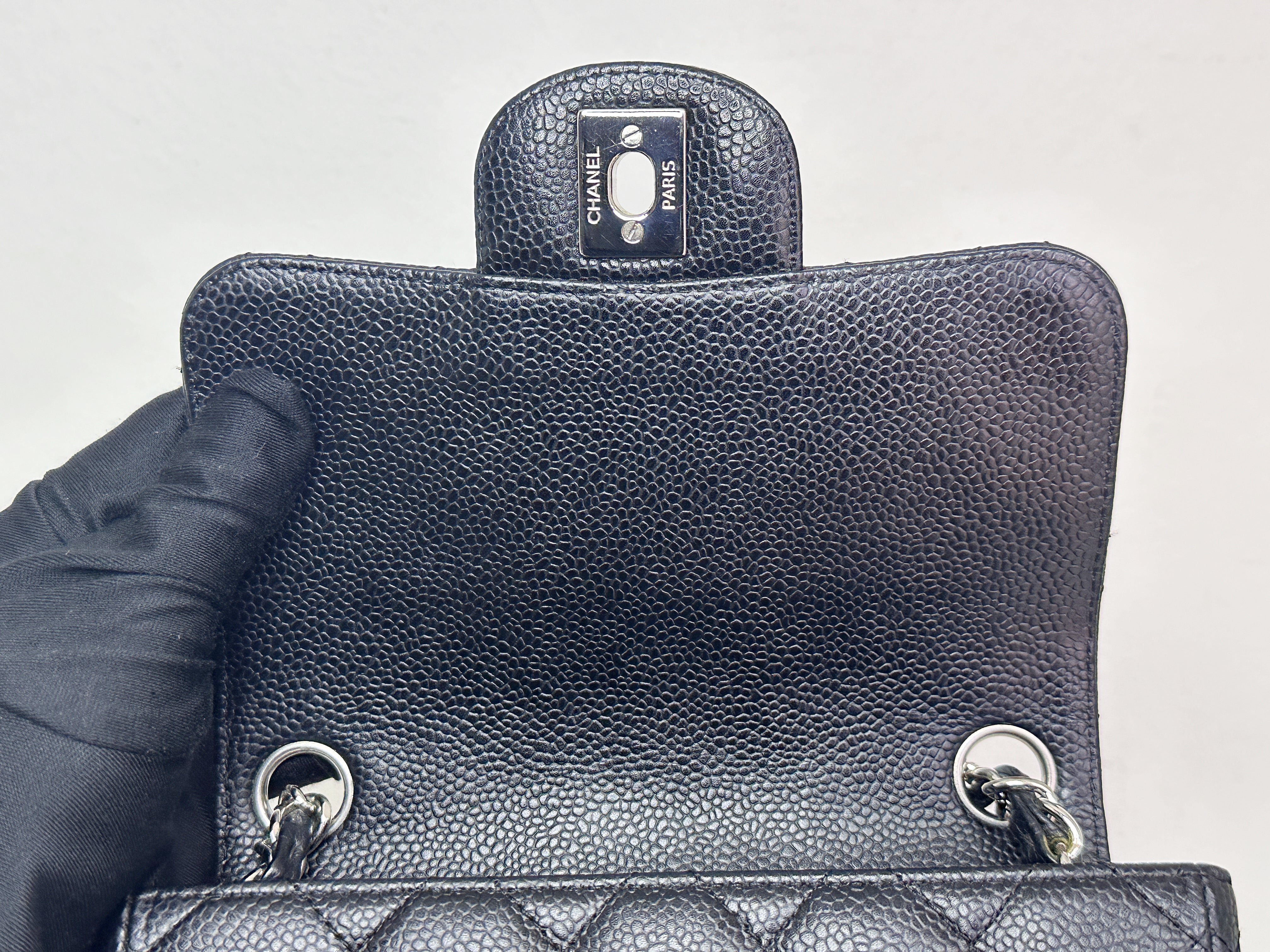 Chanel Mini Square Classic Quilted Caviar Single Flap Bag Black SHW 1184 holo card